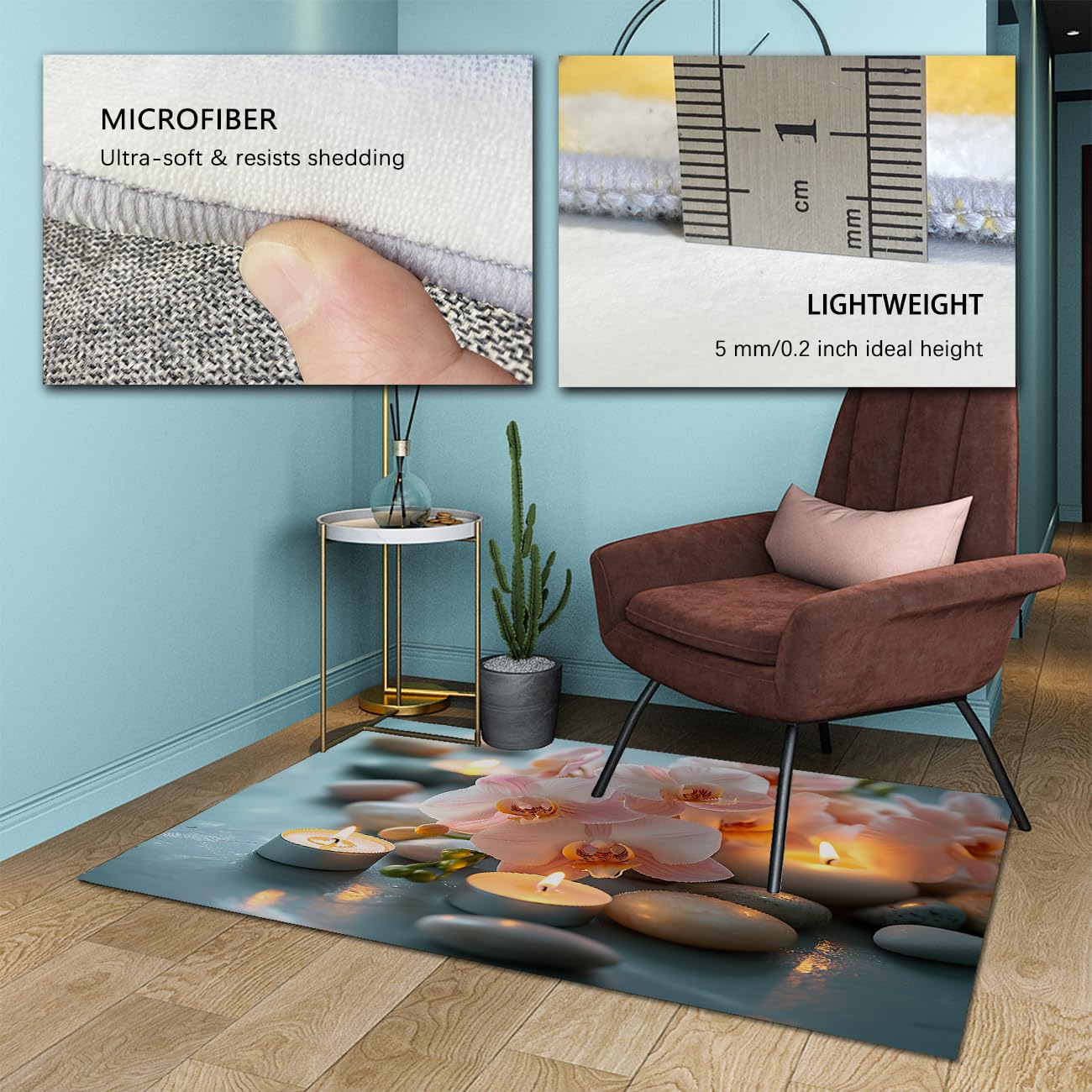 Méditation 120x200cm Tapis d’Espace Orchidées Roses et Bougies Lumineuses Imprimé Moquette à Poil Bas Lavable pour la Chambre Studio Yoga Détente Décoration dans Un Coin