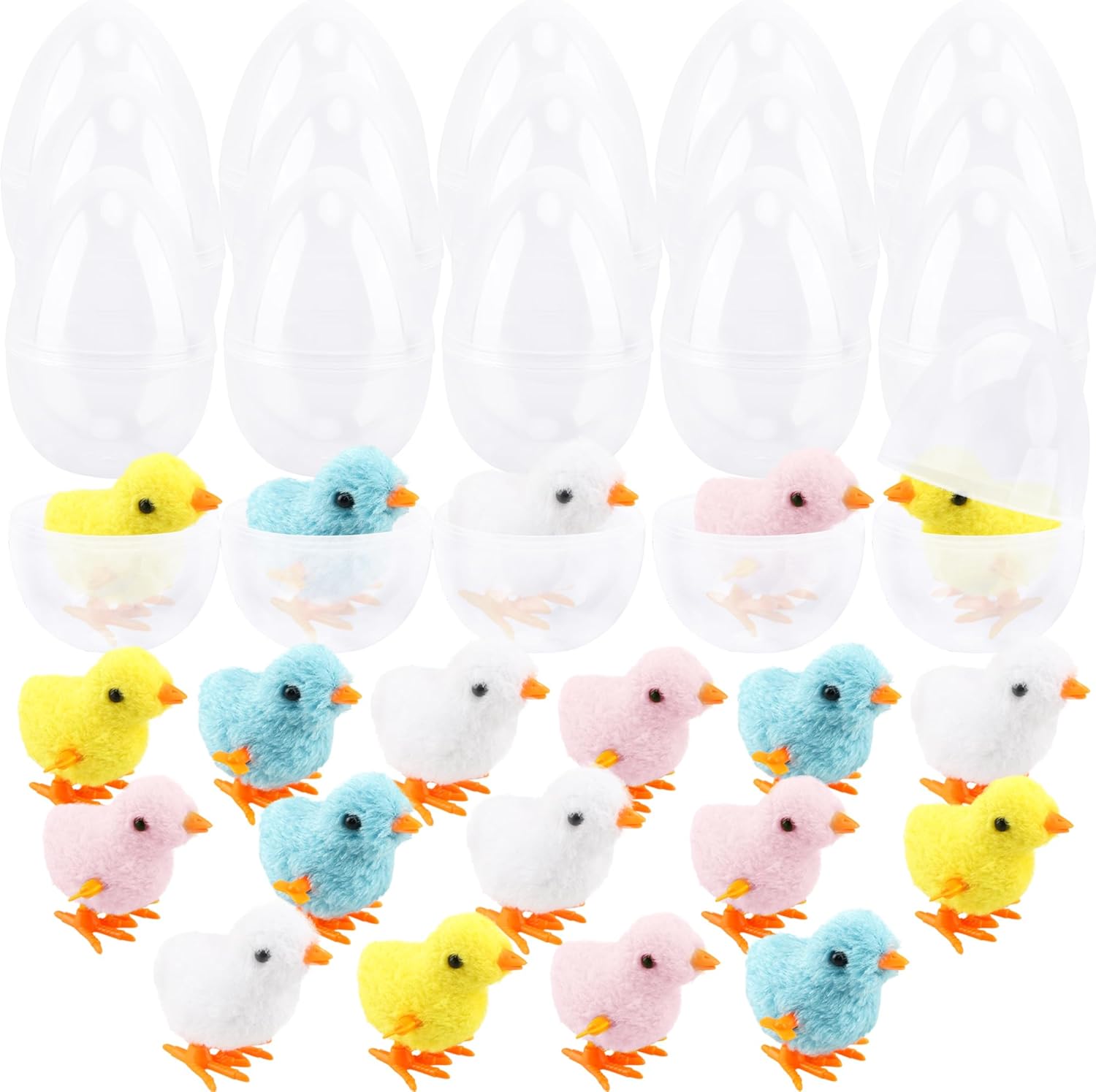 40 Pack Prefilled Clear Easter Eggs with Colorful Wind-Up Jumping Chick Toys for Egg Hunt Game Basket Stuffers Easter Party Supplies