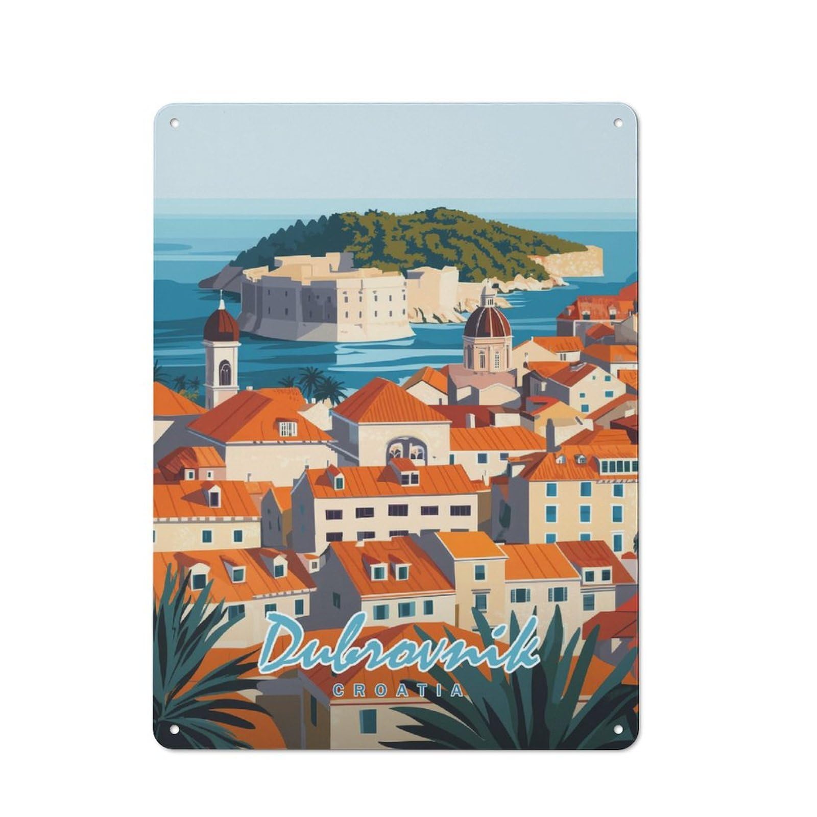 Junmoney Style-20 Tin Wall Plaque 40X30cm With Dubrovnik Cityscape For Garage Wall, Suited To People Furnishing A Garage
