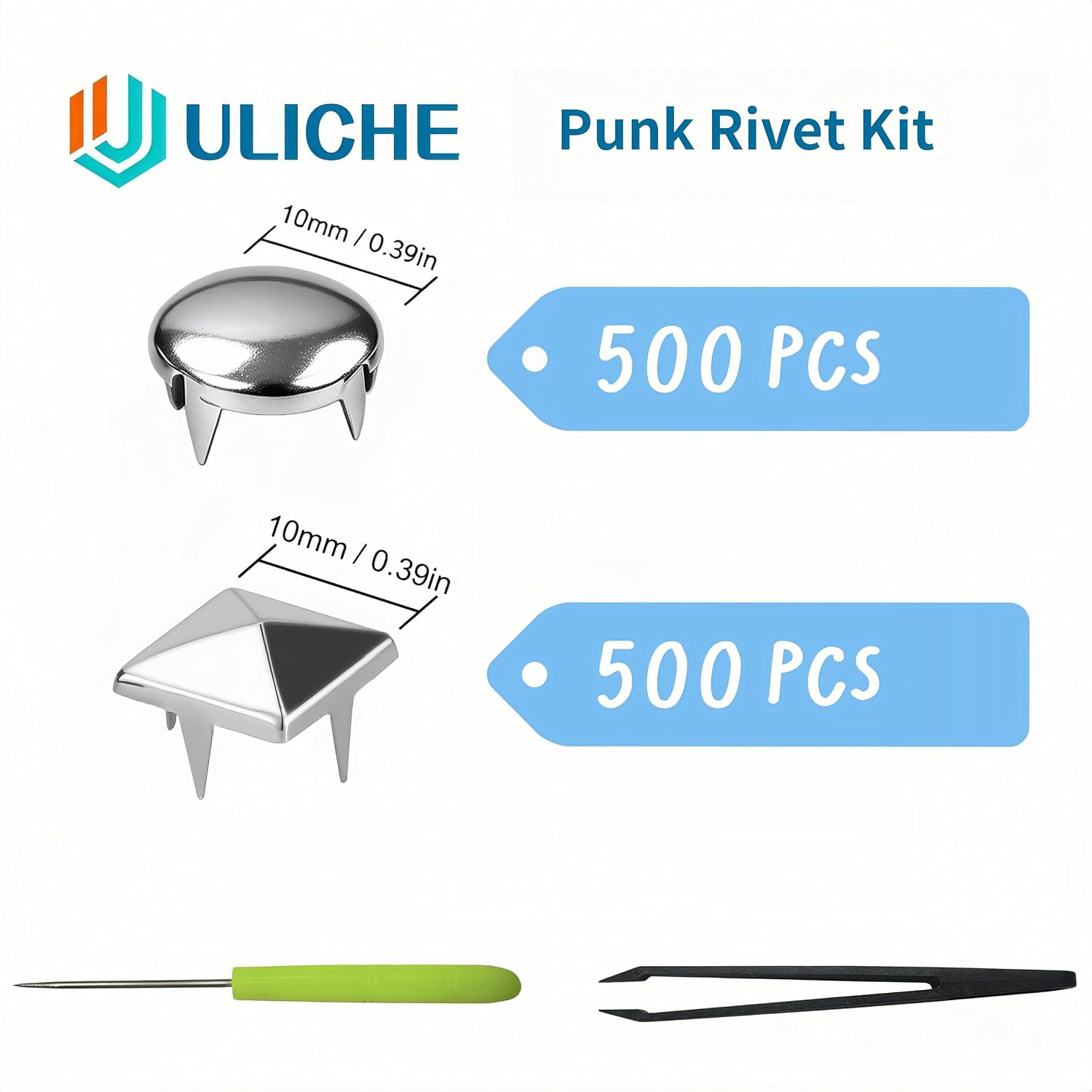 Uliche 1000PCS Punk Rivet Kit for Clothing, Premium Metal Square Pyramid Studs & Round Dome Rivets for Leathercraft Punk Style DIY Craft Decoration for Punk Style Clothes Belts Bags Shoes Dog Collar