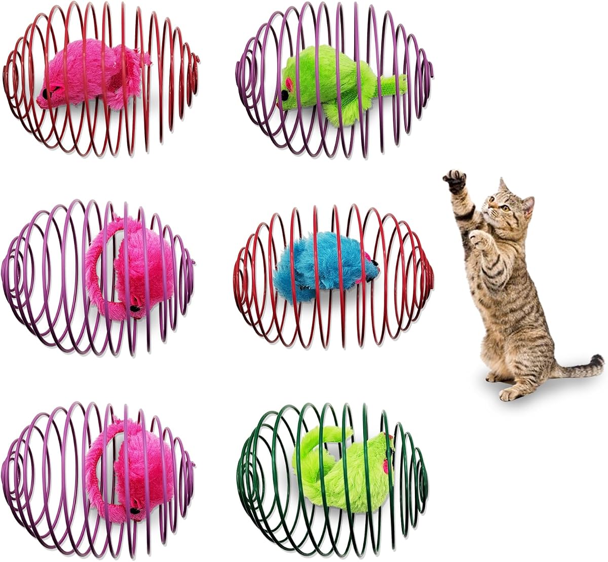 6Pcs Cat Spring Toys, 3.9'' Colorful Cat Spring Balls with Mice Interactive Cat Toys Stretchable Metal Cage Balls Spring Cat Toy for Cats Swatting, Hunting Kitten Toys