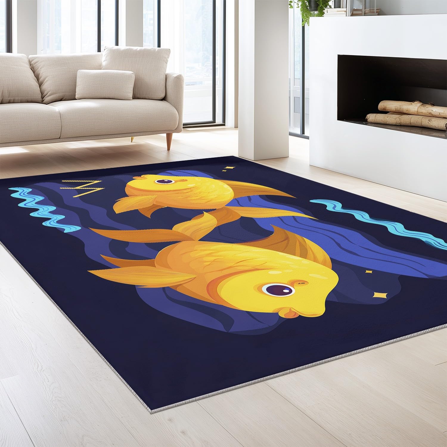 Générique Dywan nadający się do prania w pralce salon 120 x 180 cm Cartoon Dywan Ocean Niski Włosie Miękkie Antypoślizgowe Śliczne Zabawne Pływanie Ławka Ryby Sypialnia Kuchnia Przedpokój Relaks