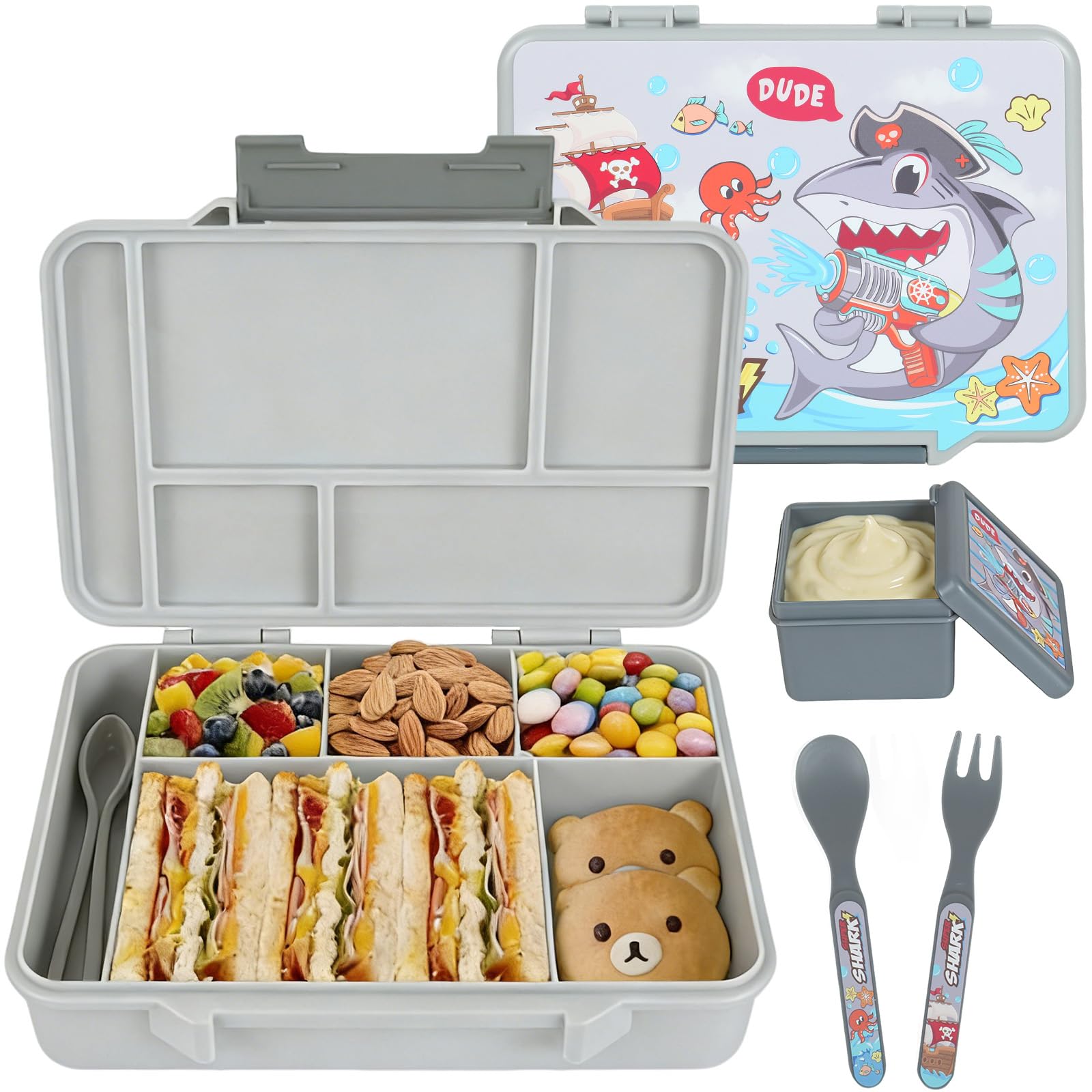 PinkSheep Bento Lunch Boxfor Kids, 1300 ml BPA-Free Leak-Proof Children Food Containerswith Compartments Tableware and Salad Box for Boys Girls (Shark)