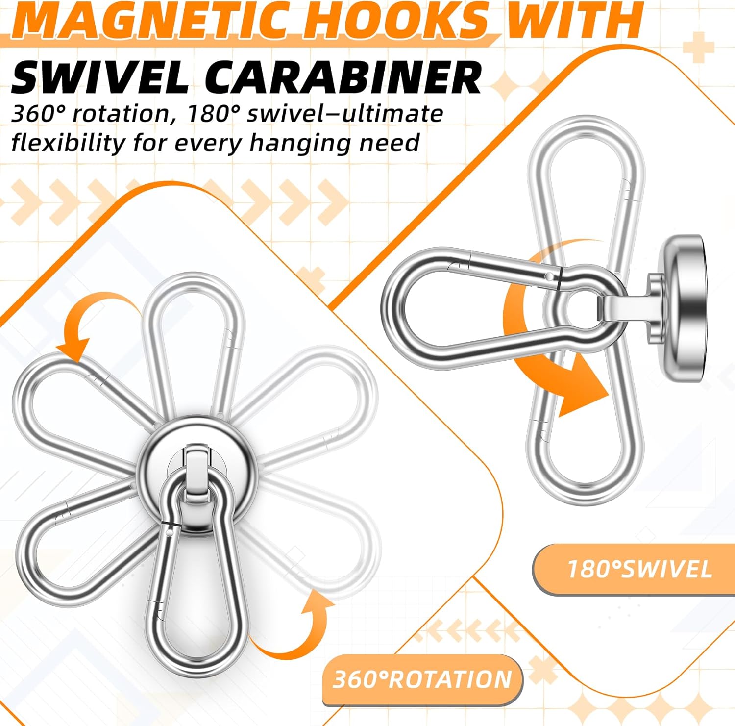 FINDMAG Magnetic Hooks with Swivel Carabiner, Neodymium Magnet Hooks for Hanging, Magnet with Hook for Kitchen, Office, Home, School - Silver, 20 Pack