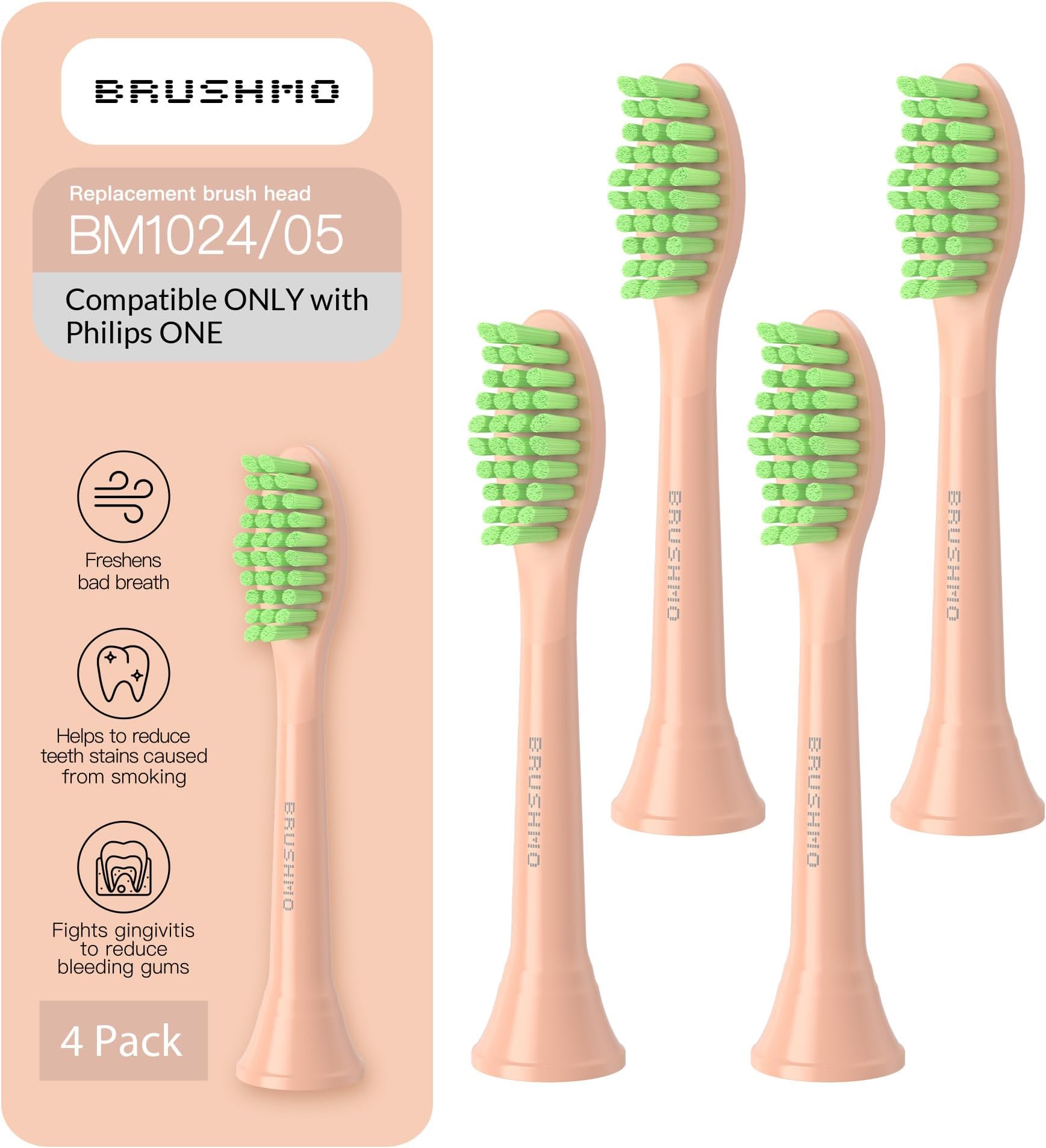 Brushmo Replacement Toothbrush Heads, Compatible with Philips One for Sonicare Electric Toothbrush Handles HY1022, 4 Standard Heads with Tongue Cleaner, Soft DuPontBristles, BM124m, Shimmer