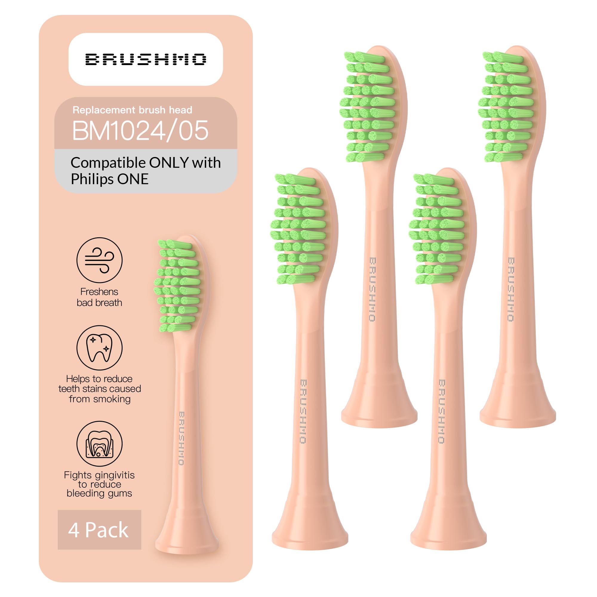 Brushmo Replacement Toothbrush Heads, Compatible with Philips One for Sonicare Electric Toothbrush Handles HY1022, 4 Standard Heads with Tongue Cleaner, Soft DuPontBristles, BM124m, Shimmer