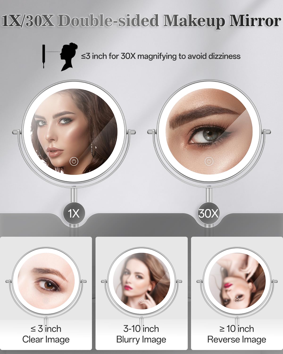 Lighted Makeup Mirror with 30X Magnification, Adjustable Height & 3 LED Lights