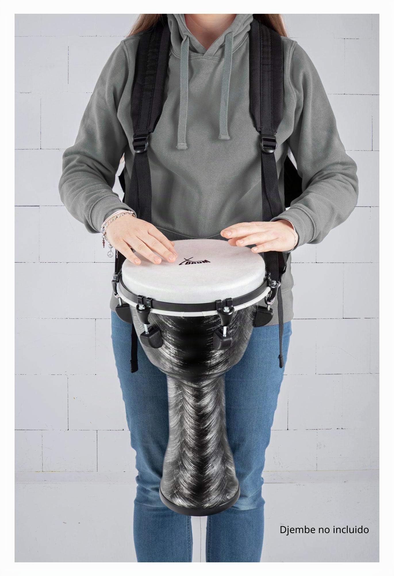 XDrum Correa Pro Para Djembe (correa de hombro para colgar djembes, con 2 mosquetones metálicos, ajustable de 45 a 92 cm, correa adicional que alivia la correa de hombro) negra
