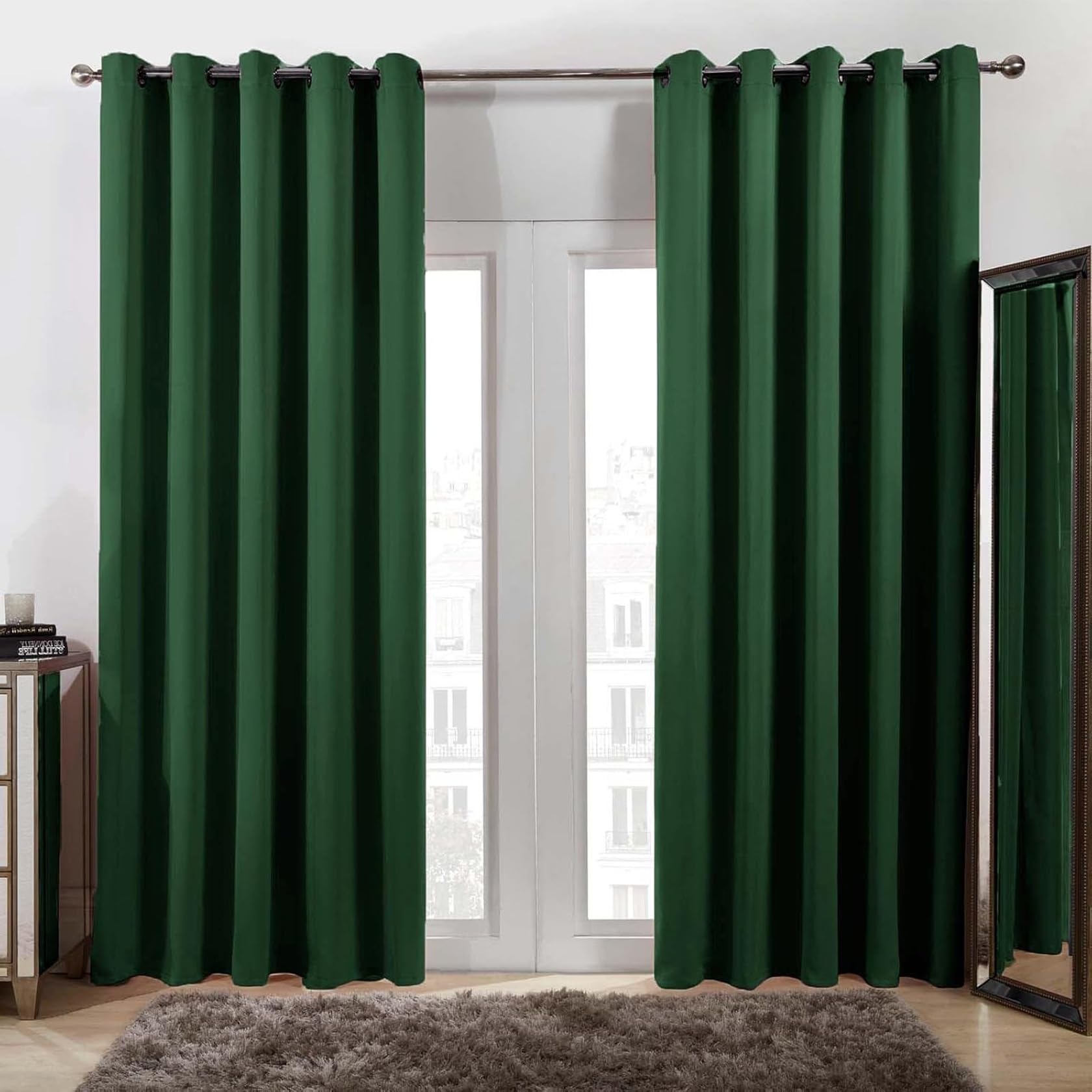 Eyelet Blackout Curtains 250 x 230 cm Energy Saving Thermal Insulated Insulated Blackout Eyelet Curtains 2 Panels for Bedroom, Dark Green