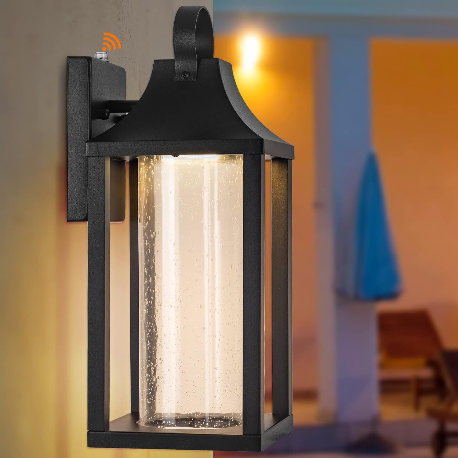 Dusk to Dawn Outdoor Led Wall Light Fixture, 15" Large Exterior Wall Lantern with Clear Seed Glass, Modern Wall Mounted Sconce Waterproof, Outside Porch Lamp for House Patio Garage 13W 3000K