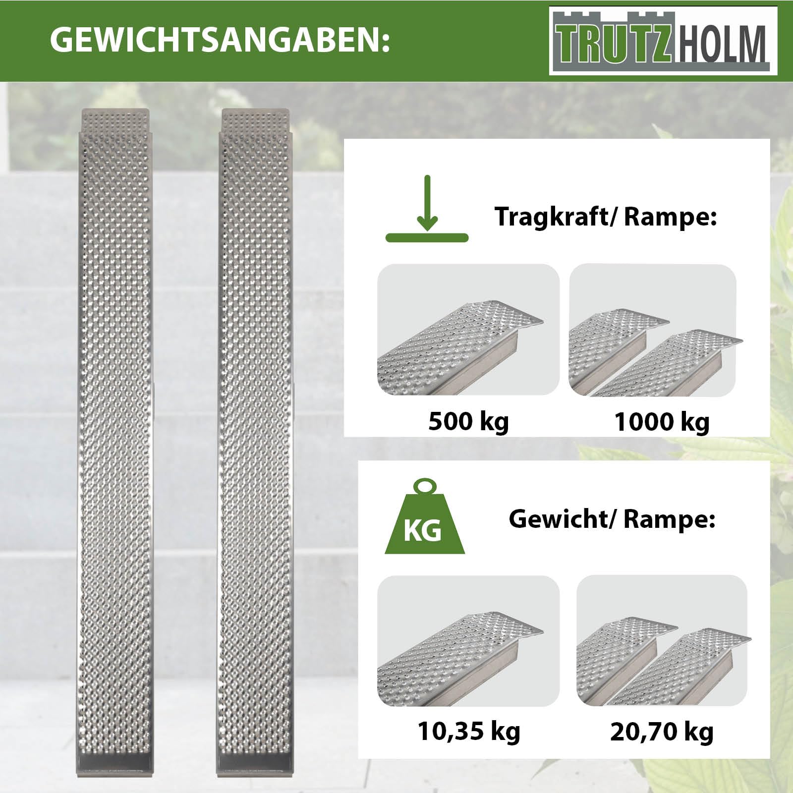 TRUTZHOLM 2X Auffahrrampe Alu Länge 250 cm Tragkraft 1000 kg profilierte Lauffläche vernietetes Blech
