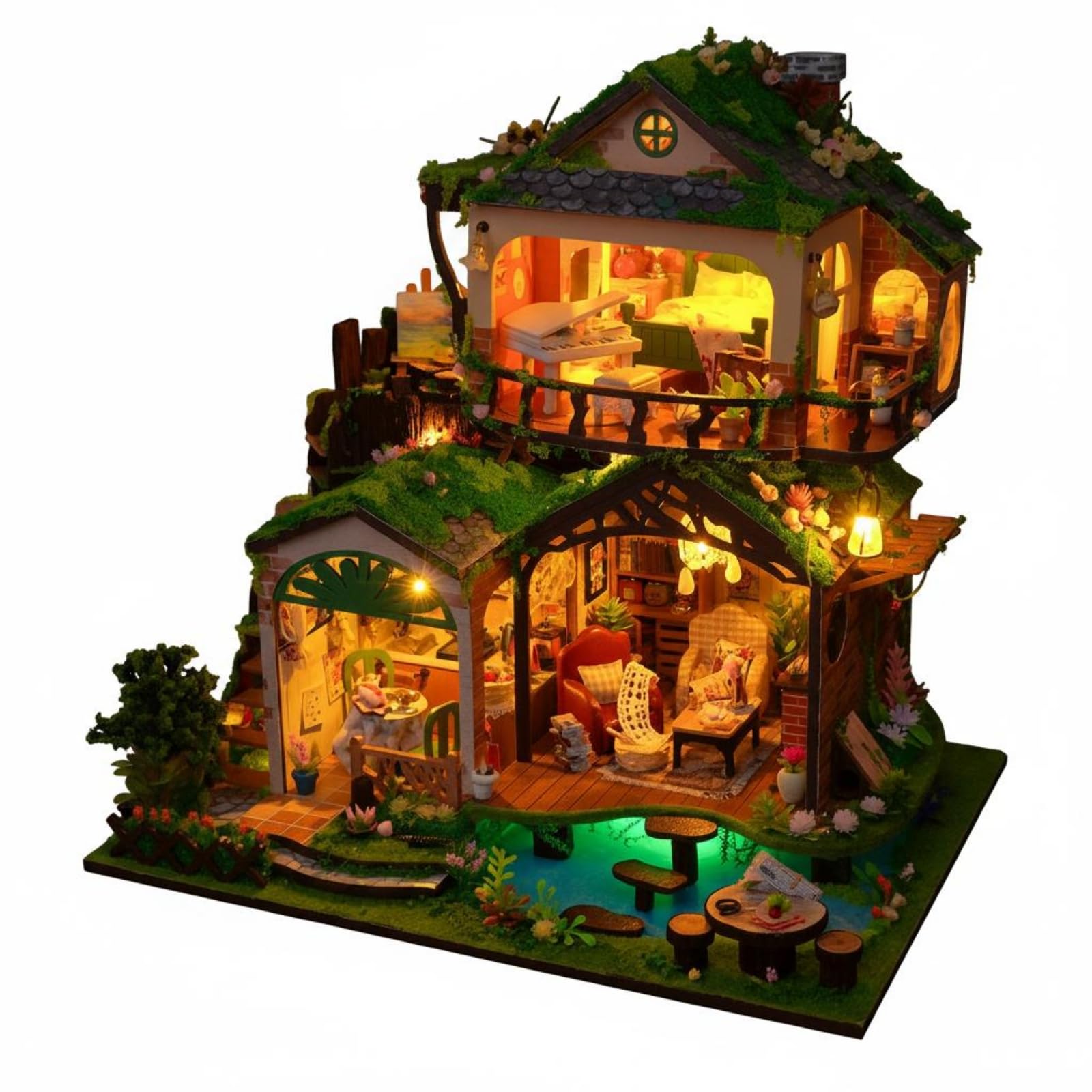 Kinder Lernpuzzle Miniaturhaus Bausatz Modellhaus Bastelset Holzpuzzle Spielzeug mit Beleuchtung Und Szenerie für Kinderzimmer Spielbereich Schreibtisch