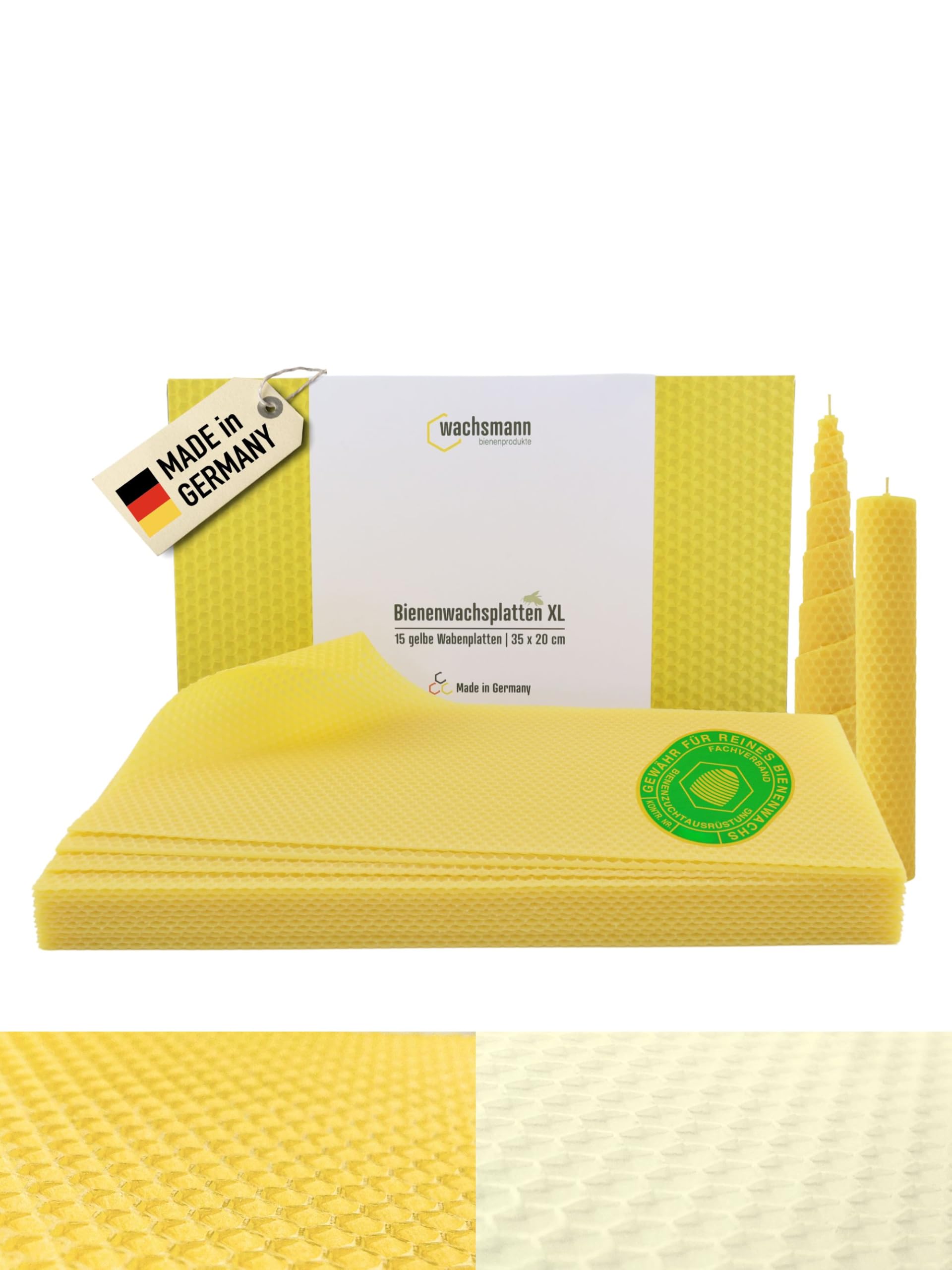Wachsmann 15 XL Bienenwachsplatten 35 x 20 cm, reines Bienenwachs aus Deutschland, gelb, Wachsplatten für Kerzen selber Machen, DIY Geschenk - Honigkerze