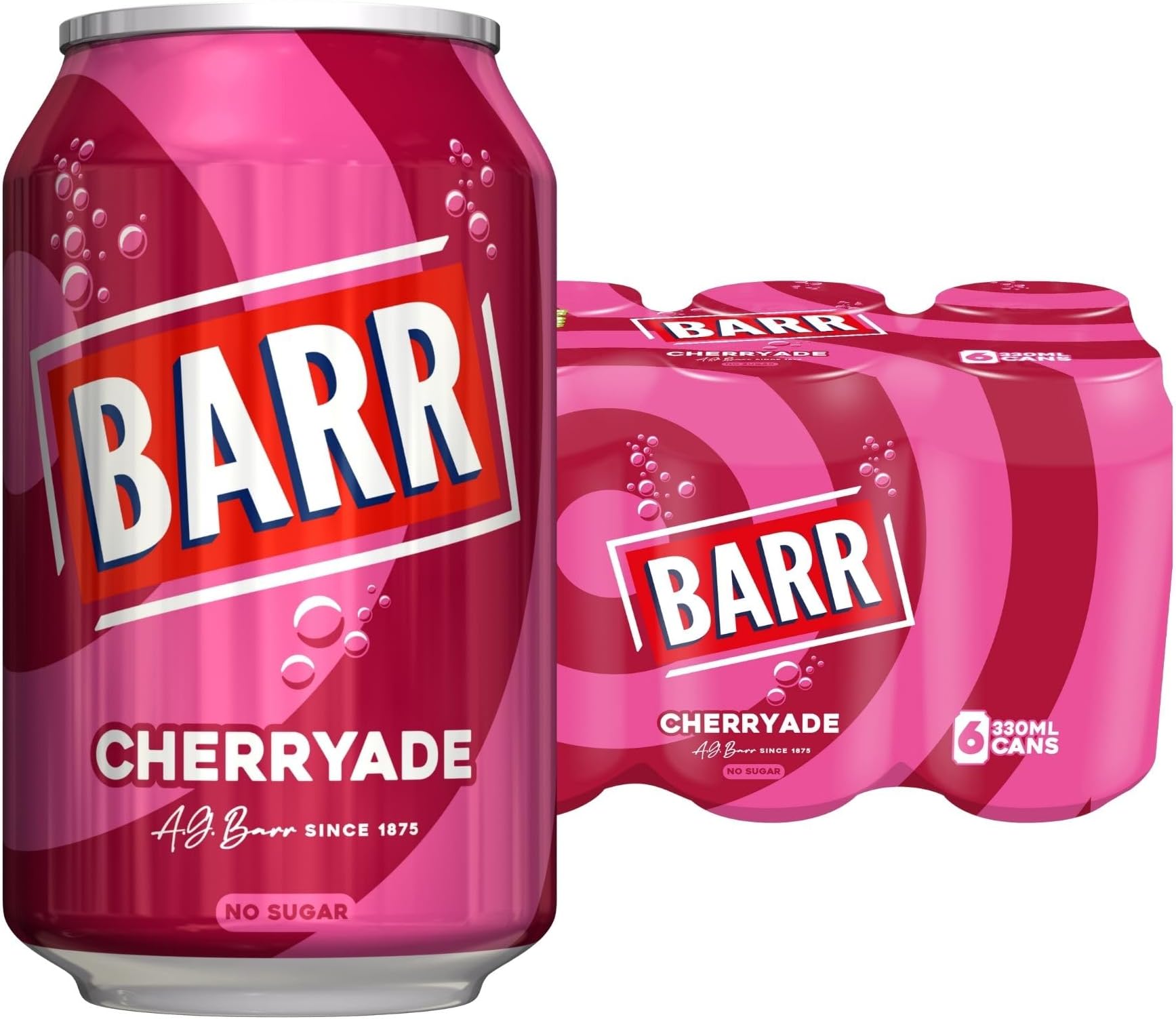 BARR since 1875, 6 Pack Cherryade, Zero No Sugar Flavoured Fizzy Drink "Fizzingly Fun" - 6 x 330ml Cans