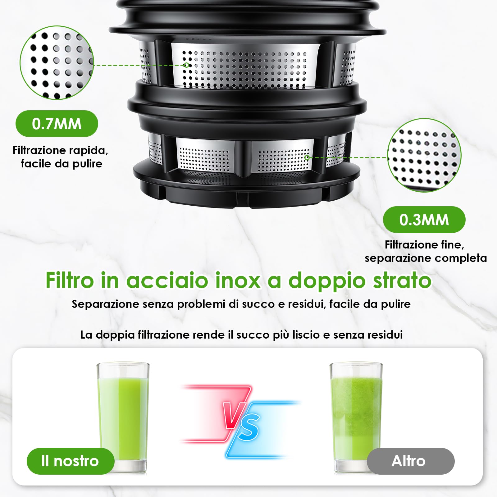 Estrattore di Succo, Slow Juicer 150W, Estrattore Frutta e Verdura, Spremiagrumi con Filtro SUS Resa Massima 40-100 giri/min, BPA Free, Sicurezza Anti-Surriscaldamento con 2 Tazze, Facile da pulire
