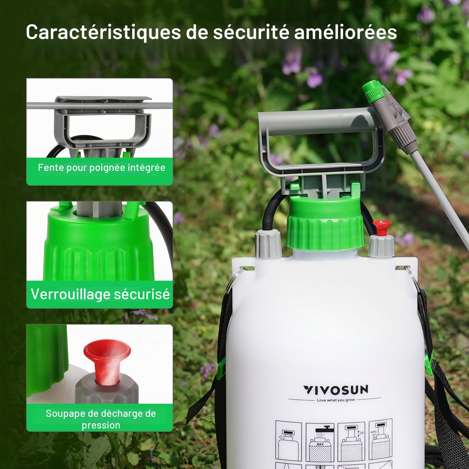 VIVOSUN Pulvérisateur à Pression 4L avec 3 Buses Dont Laiton Réglable, Tuyau 127 cm et Valve de Sécurité pour Désherbage, Traitement des Plantes & Entretien de la Pelouse