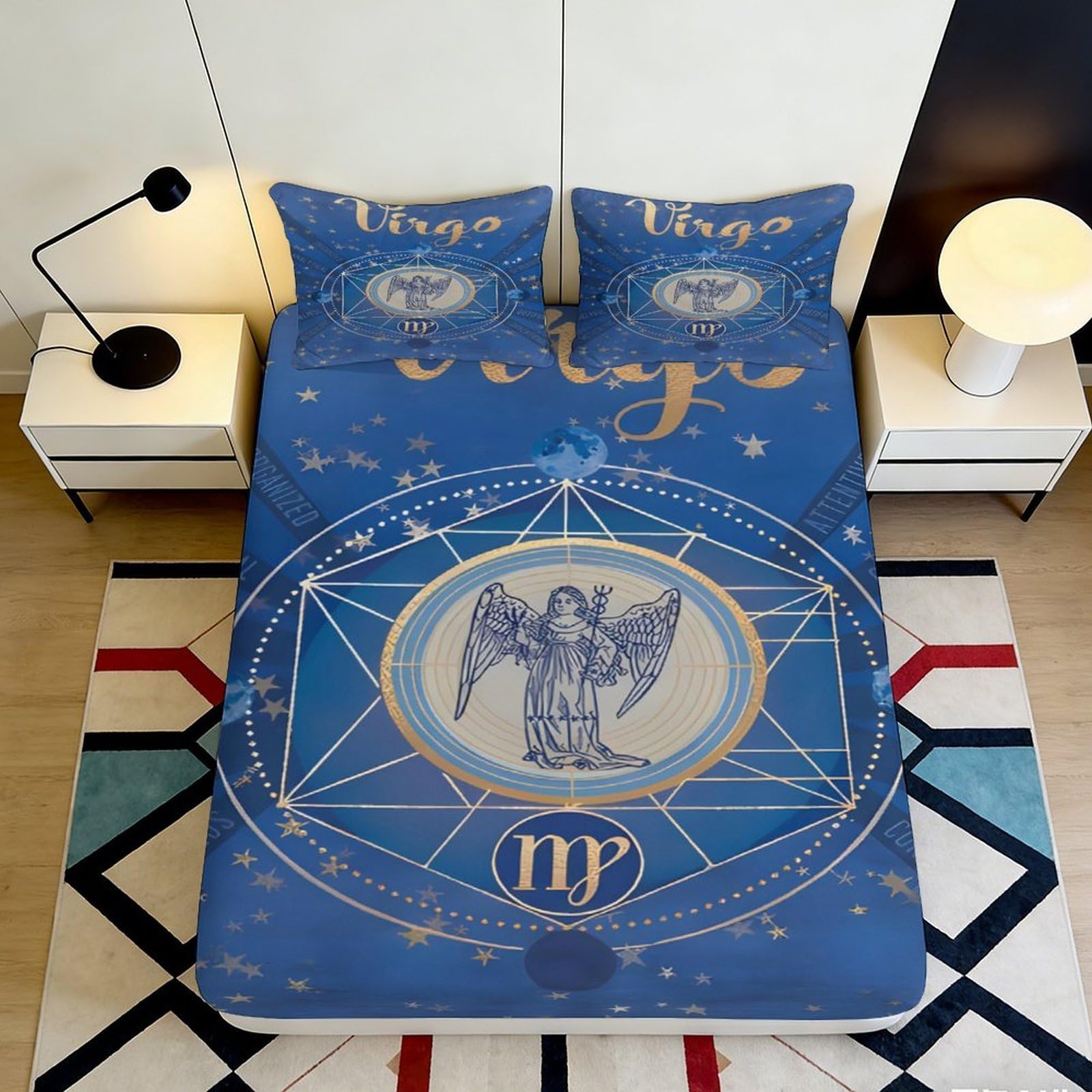3D Printed Virgo Zodiac Fitted Sheet Microfiber Blue Bed Cover for Bedroom Dorm Mattress Protection Decorative 90x200x25cm