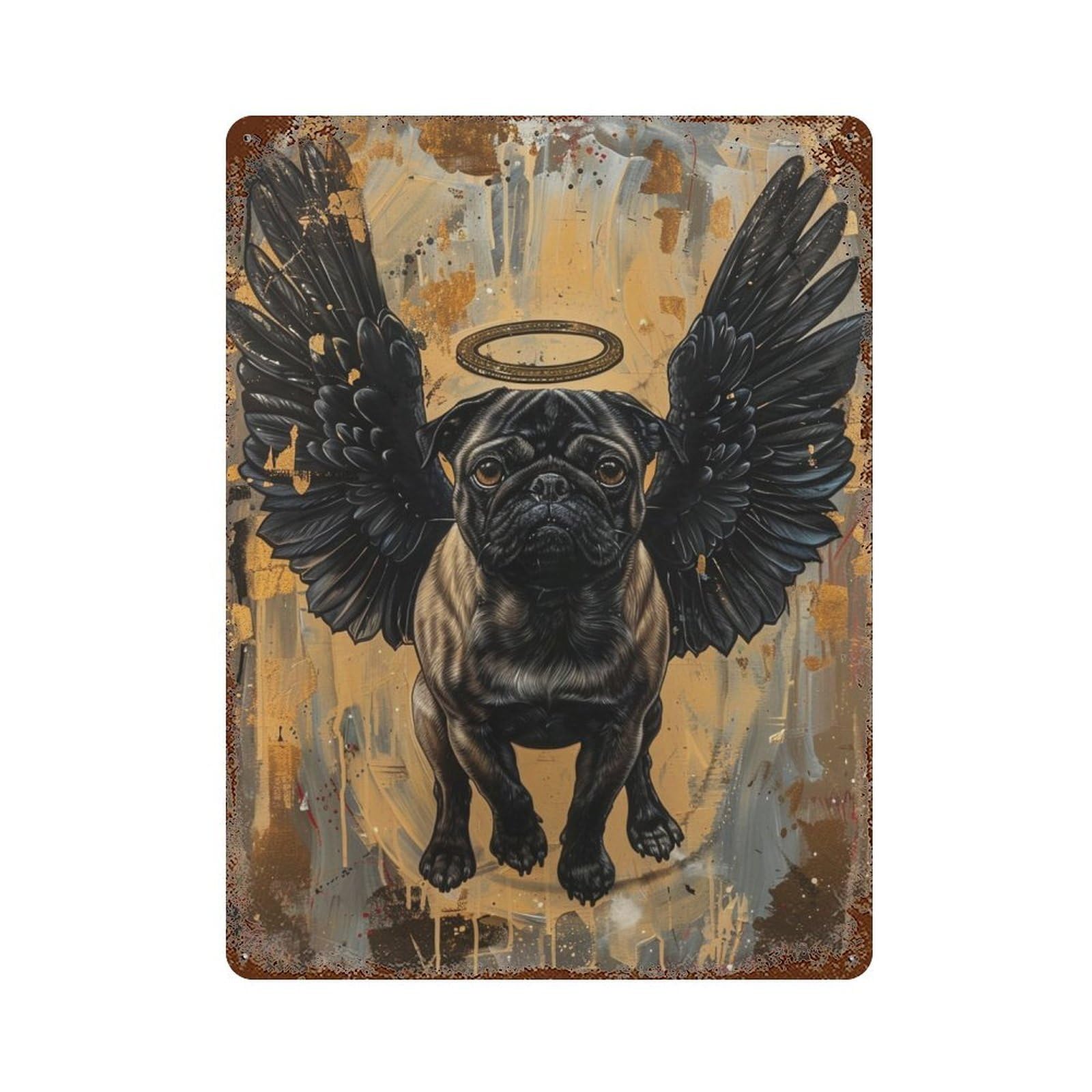 Garage Style Angel Pug with Black Wings Distressed Metal Wall Sign 15.7"x11.8", Classic Wall Plaque for Bar And Workshop