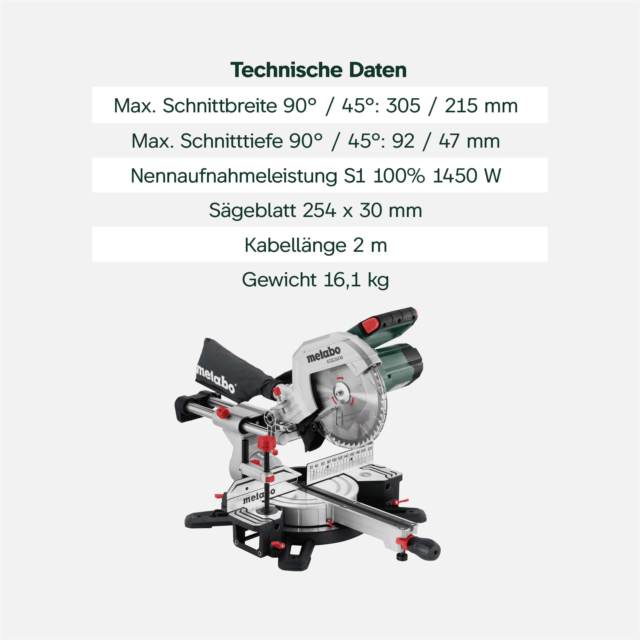 metabo Kapp- und Gehrungssäge KGS 254 M, Zugfunktion, 254 mm Sägeblatt | Präzise LED Schnittlinie PCL, Sanftanlauf, inkl. Sägeblatt Precision Cut Wood, Materialklemme & Spänefangsack