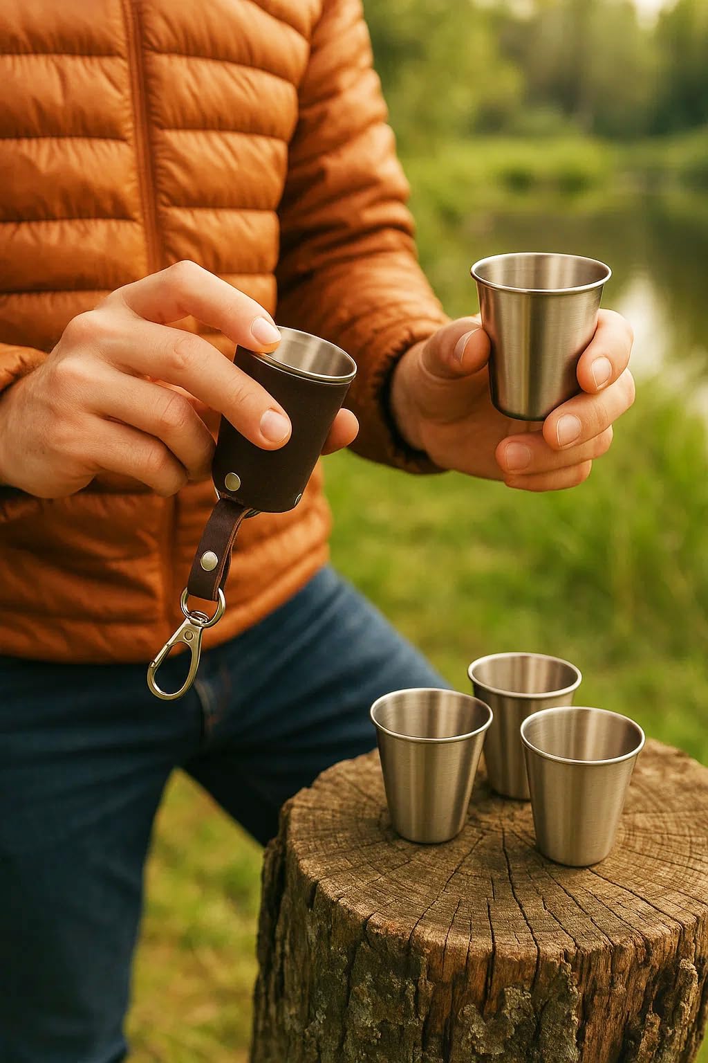 4 x nietłukące się kubki ze stali nierdzewnej, 70 ml, ze skórzaną torbą z karabińczykiem,