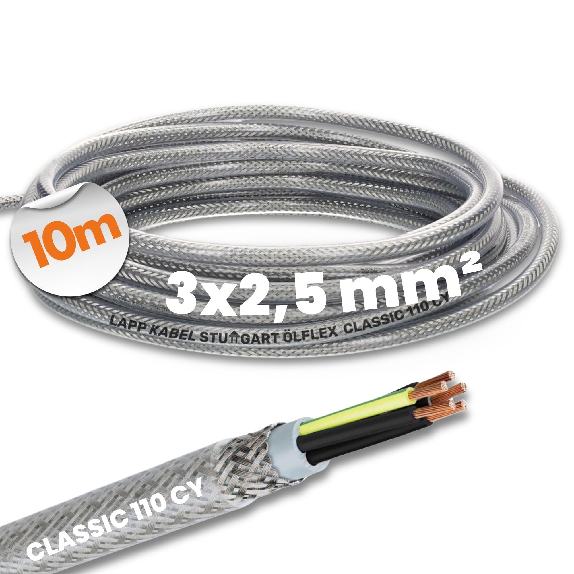 Lapp 10m Cavo di Controllo Ölflex Classic 110 CY 3G2,5mm² Schermato | Filo in rame nudo con guaina trasparente in PVC, elevata sicurezza elettrica 4kV e resistenza chimica per impianti EMC