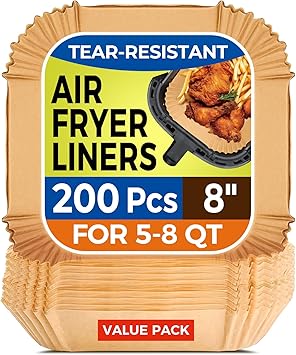 Air Fryer Paper Liners, 200pcs Air Fryer Liners Disposable, 8" Square Baking Paper Liner for 5-8 qt Airfryer Basket, Non-stick and Oil Proof Parchment Paper for Oven, Pans & Baking