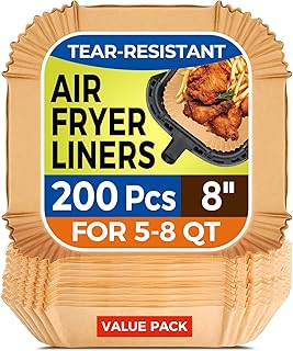 200-Pack 8-inch Square Disposable Air Fryer Liners — Nonstick Parchment for 5–8 qt Baskets