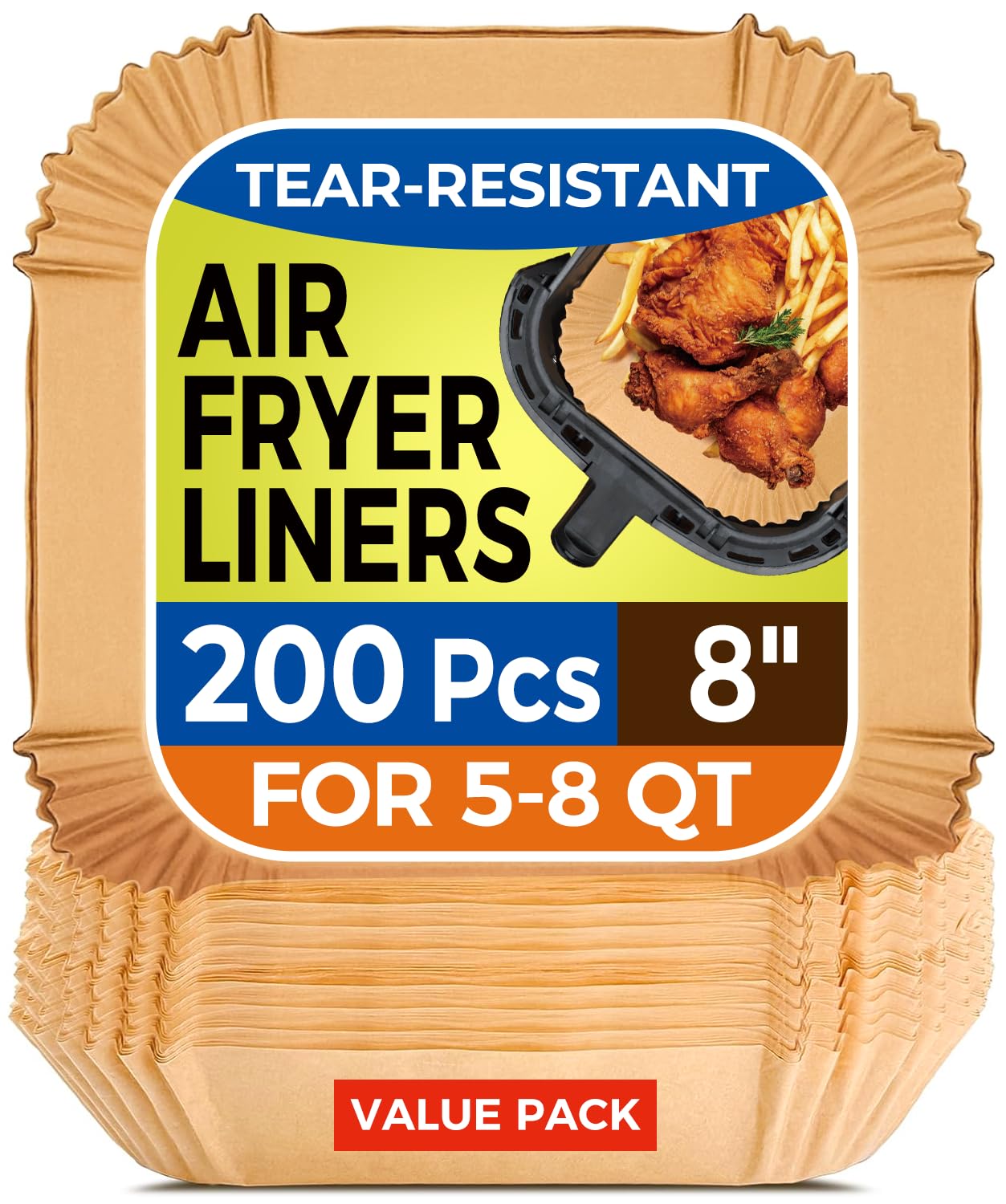 Air Fryer Paper Liners, 200pcs Air Fryer Liners Disposable, 8" Square Baking Liner for 5-8 qt Airfryer Basket, Non-stick and Oil Proof Parchment Paper for Oven, Pans & Baking