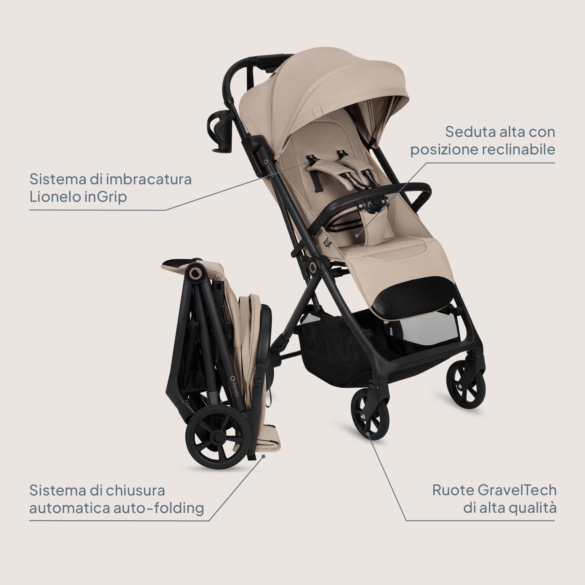 LIONELO Tansi Passeggino Leggero Compatto Pieghevole fino a 22 kg | Chiusura Automatica a Una Mano, Ruote GravelTech Ammortizzate, Schienale Reclinabile, Cappottina Ventilata, Dri-Seat