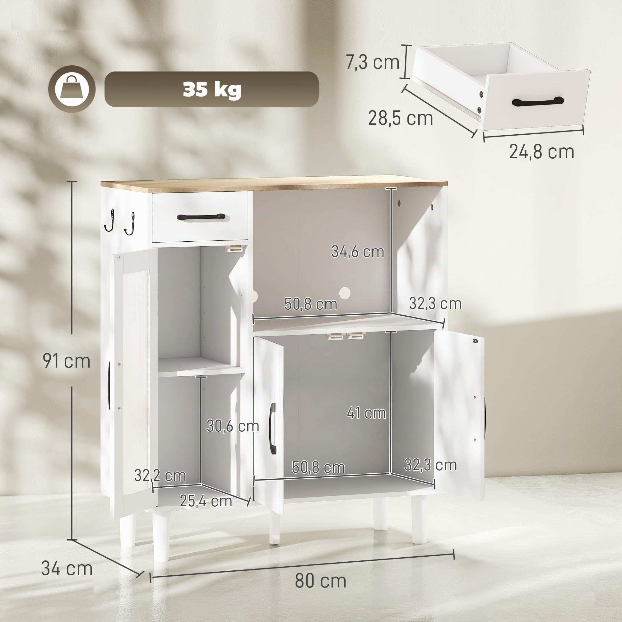 HOMCOM Buffet Cuisine 1 Tiroir 3 Portes 80 x 34 x 91 cm Blanc et Chêne