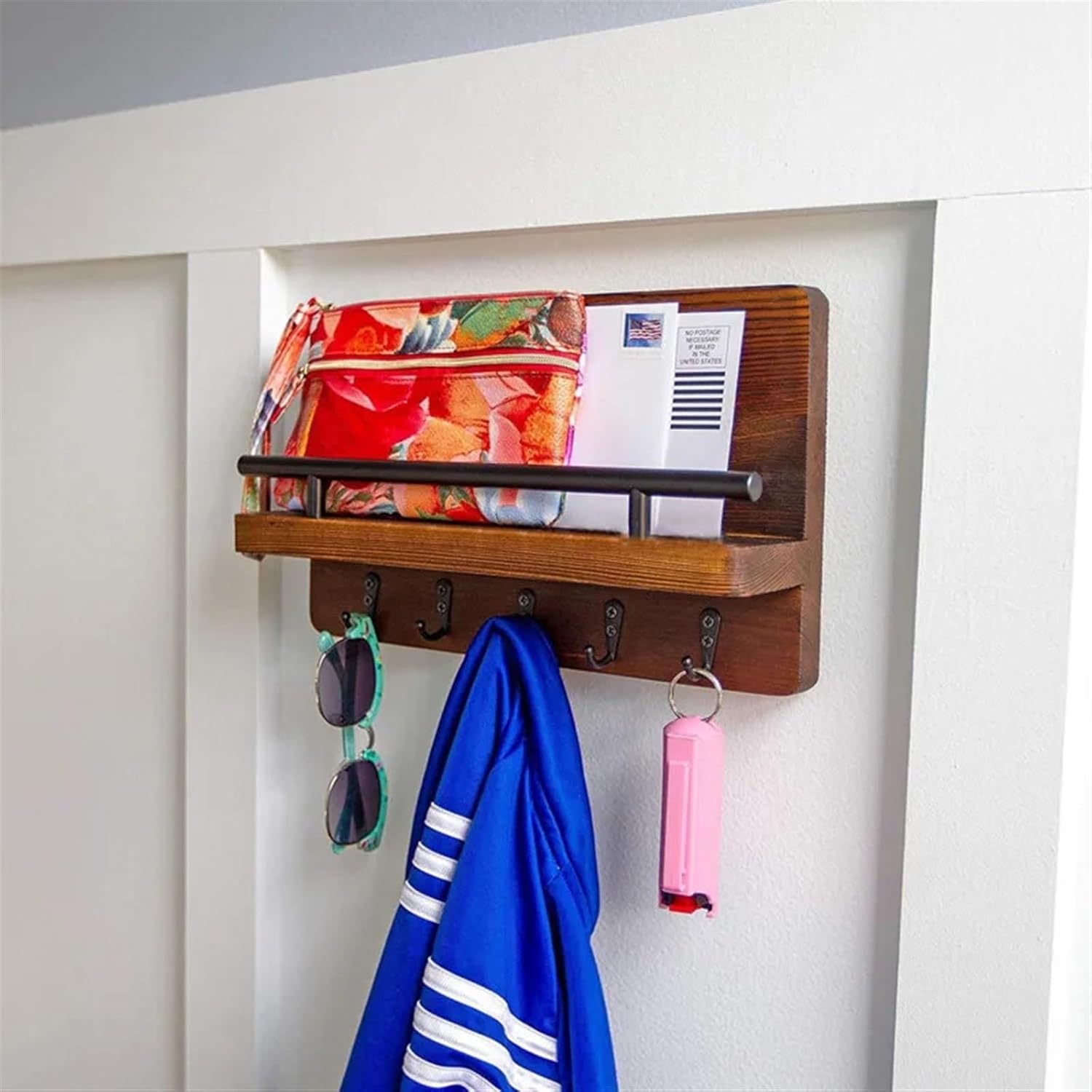 Coat Rack Wall Mounted Coat Rack Natural Wood Holder Tray Carving Storage Rack Five Hooks Coat Clothes Key Coat Hat Storage Shelf Room Decoration Wall Mounted Coat Rack