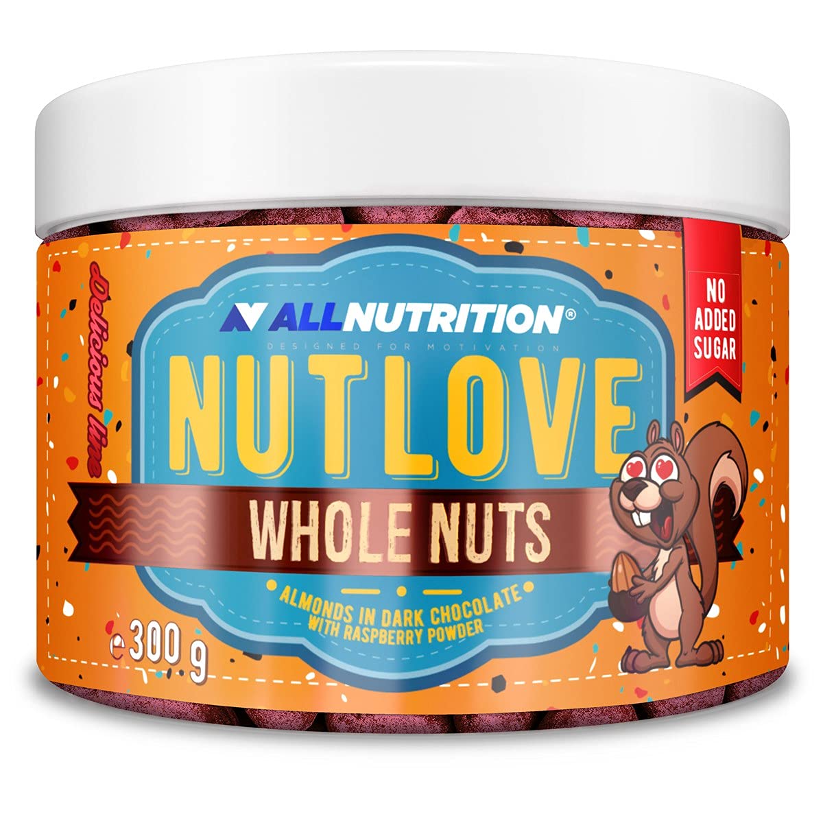 ALLNUTRITION Nutlove Whole Nuts - Almendras en Polvo de Chocolate Negro y Frambuesa - Chocolates sin Azúcar - Chocolate sin Azúcar Agregado - Dulces Bajos en Calorías - Snack Saludable - 300g