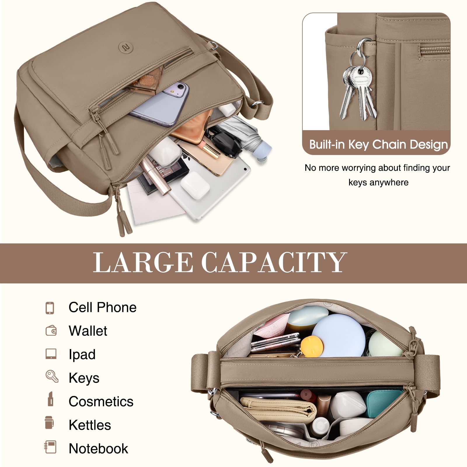 Bolso Bandolera Mujer Impermeable Bolsos de Hombro Casual Mujer de Nailon Moda Crossbody Múltiples Bolsillos Bolsa de Cuerpo Cruzado con Correa Ajustable para Viaje shopper Escuela so Diario