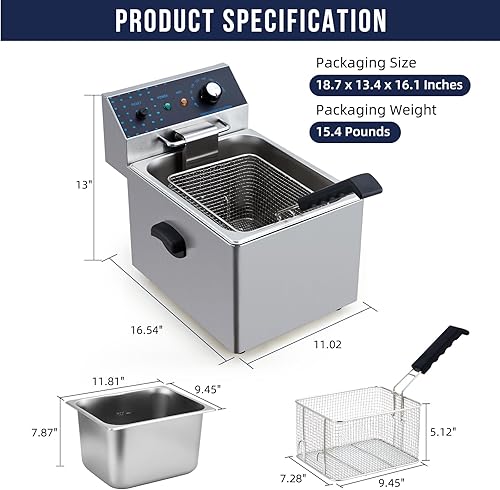 Miniatura 4 de GarveeHome Freidora eléctrica de acero inoxidable con cesta, freidoras de encimera de 8 L8.45 cuartos de galón, freidora eléctrica de un solo tanque