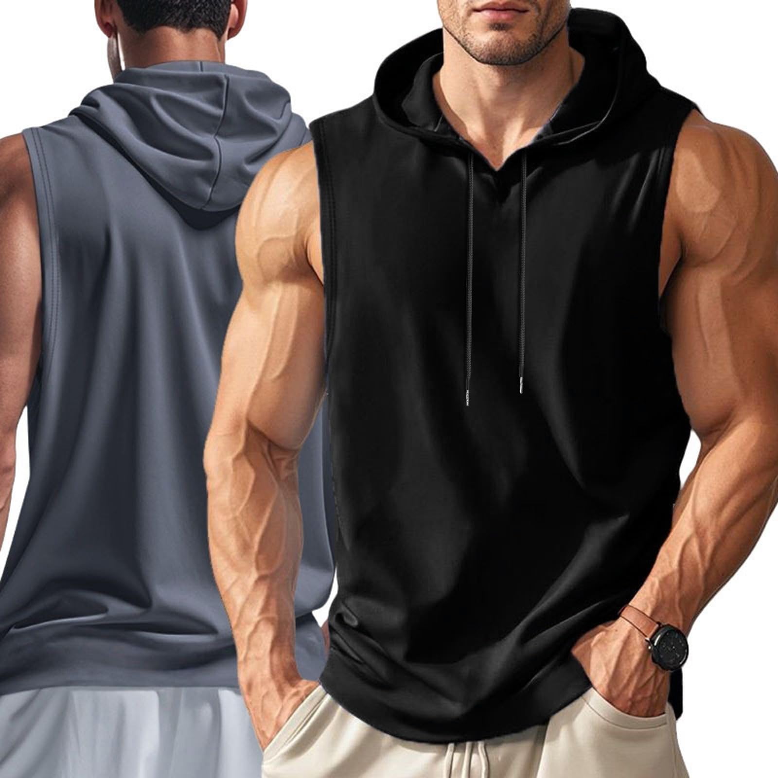 generisch T-shirt sans manches pour homme en coton avec capuche - Couleur unie - Débardeur de sport pour l'entraînement, la gym, le fitness, le bodybuilding