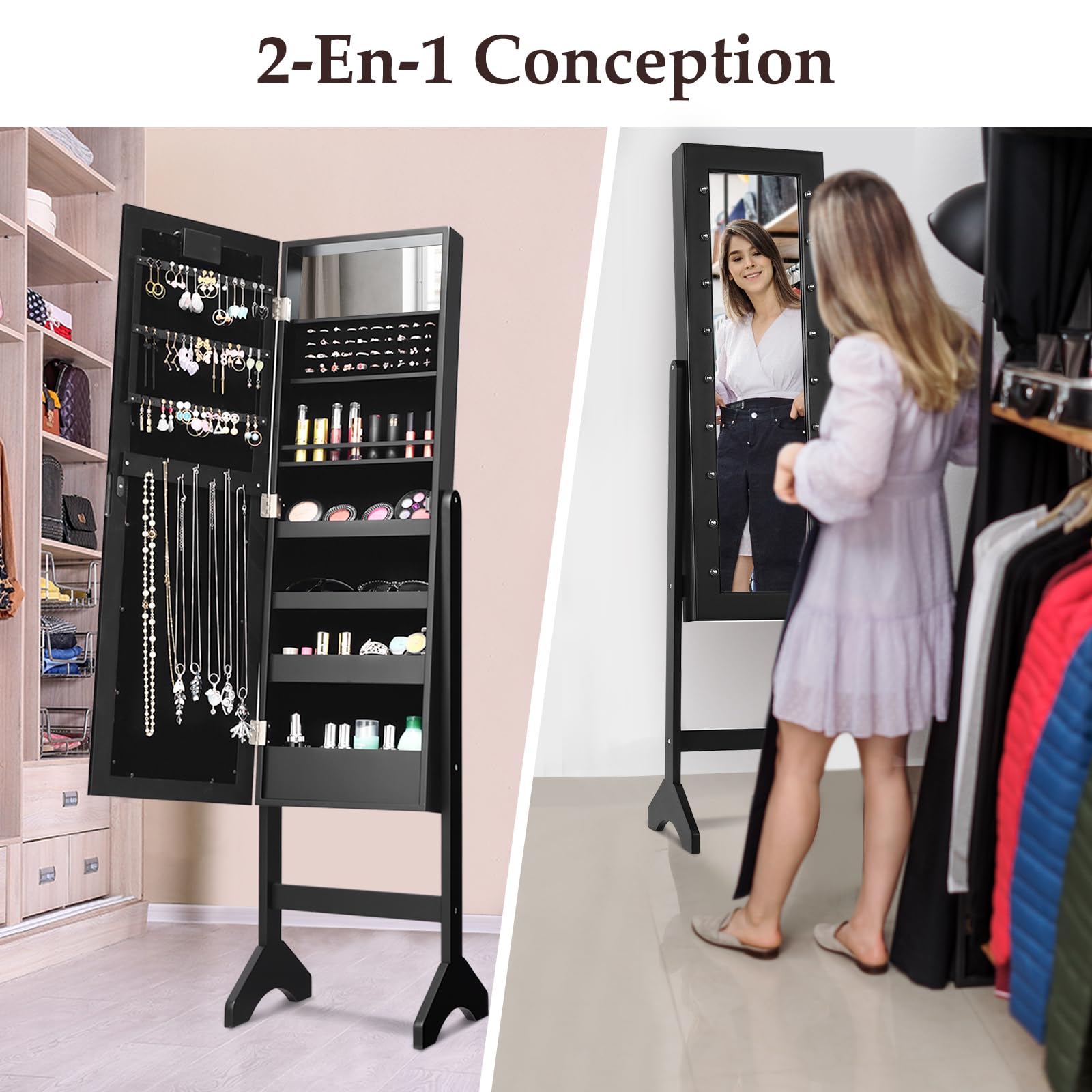 RELAX4LIFE Armoire à Bijoux sur Pieds avec Miroir et Lumière LED, Miroir Bijoux sur Pied avec 4 Couches pour Anneaux, Boucle d'oreille, Bracelet, 16 Rouge à Lèvres, Blanc/Noir (Noir)