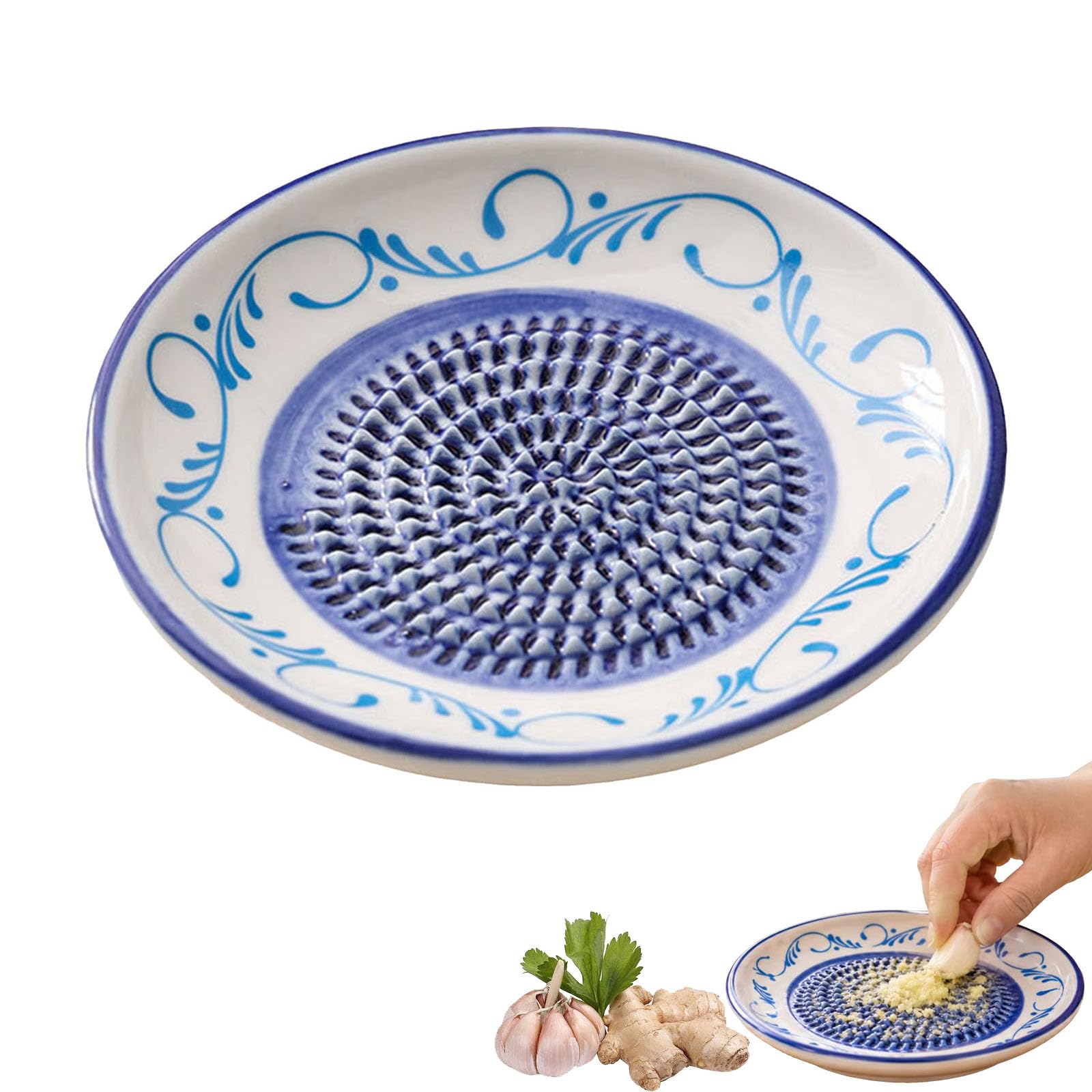 Ceramic Garlic Grater Plate Bowl,Tomato Dish Made in Spain Spanish Grating Pan Con Tomate Grater Plate Set Ginger Olive Oil Dip Herb Stripper Peeler Brush Stand Kitchen Gadget (G)