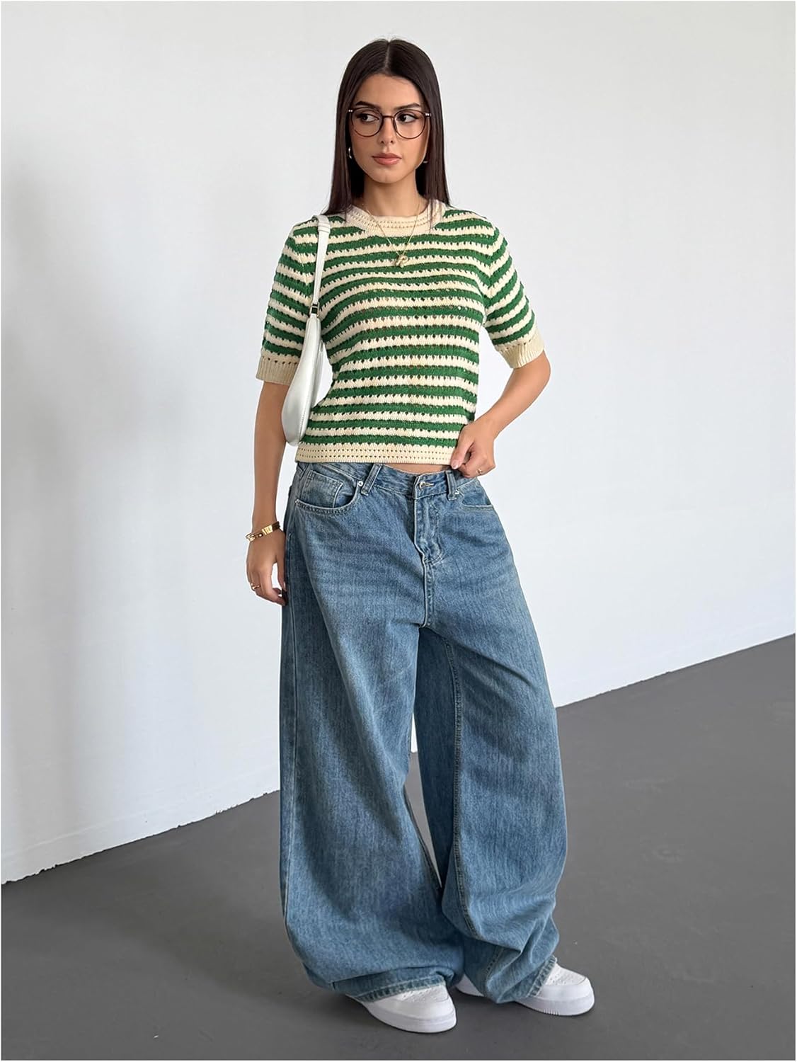 Floerns Women's Striped Sweater Half Sleeve Hollow Out Crew Neck Knitted Pullover Top - Image 5