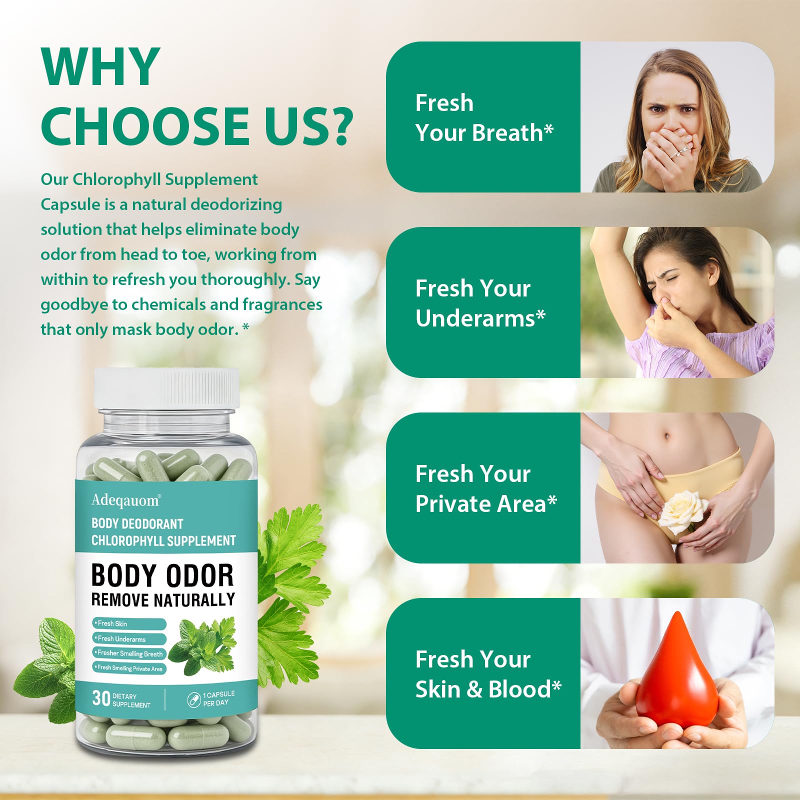 Chlorophyll Capsules Internal Body Deodorant Supplement for Women and Men for Gut Health, Fresh Breath, Skin Health, Detox & Digestion Support, Natural Odor Remove, Vegan, Non-GMO-30 Capsules — Amazon image 6