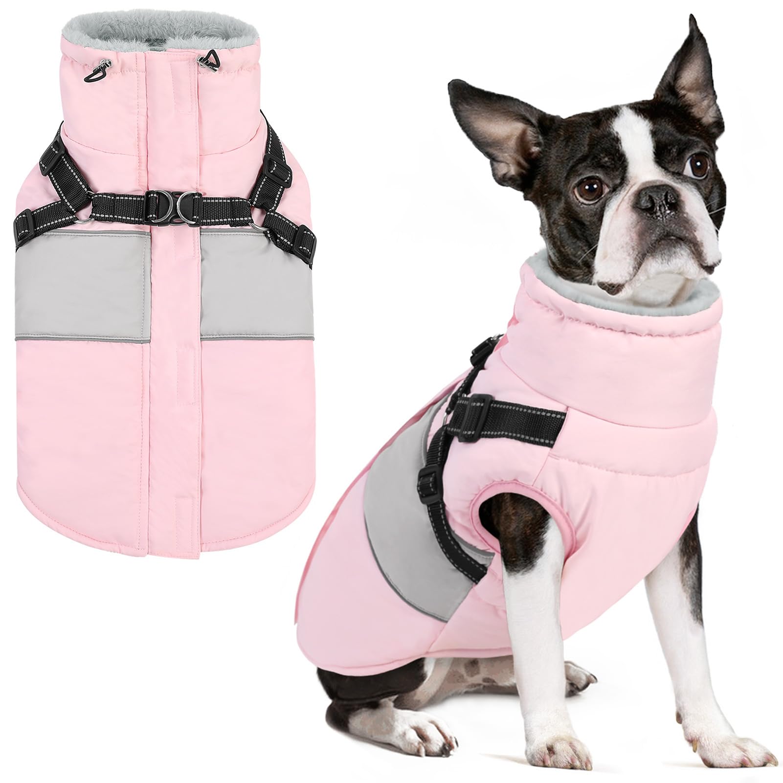 AOFITEE Small Dog Coat, Dog Winter Coat with Harness Built in, Warm Dogs Jacket with Zipper & Polar Fleece Collar