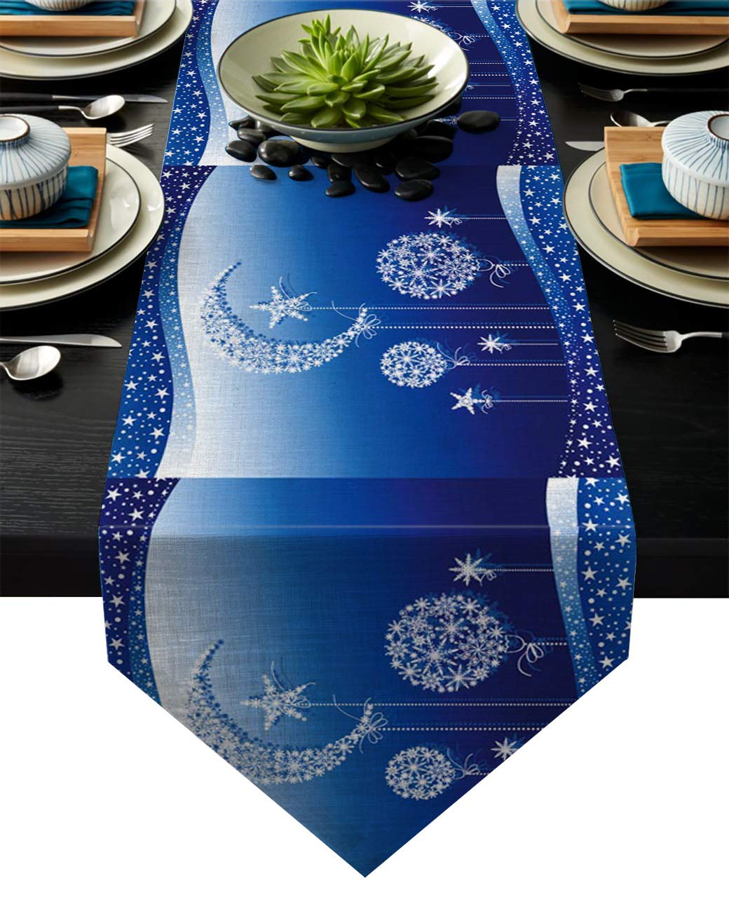 Meet 1998 Cotton Linen Table Runners Winter Snowflake Moon Star Tablecovers for Kitchen Garden Wedding Parties Dinner Indoor Outdoors Home Decorations White Blue 14x72 inches