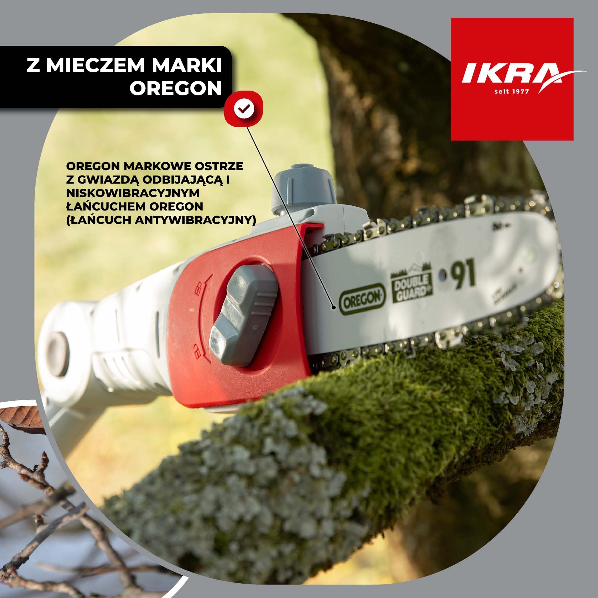 IKRA Piła teleskopowa do gałęzi ICPS 2020 z akumulatorem i ładowarką | Długość prowadnicy 20 cm, zasięg pracy do 4 m, lekka konstrukcja, obrotowy uchwyt 180°, kompatybilna z akumulatorami IKRA 20V
