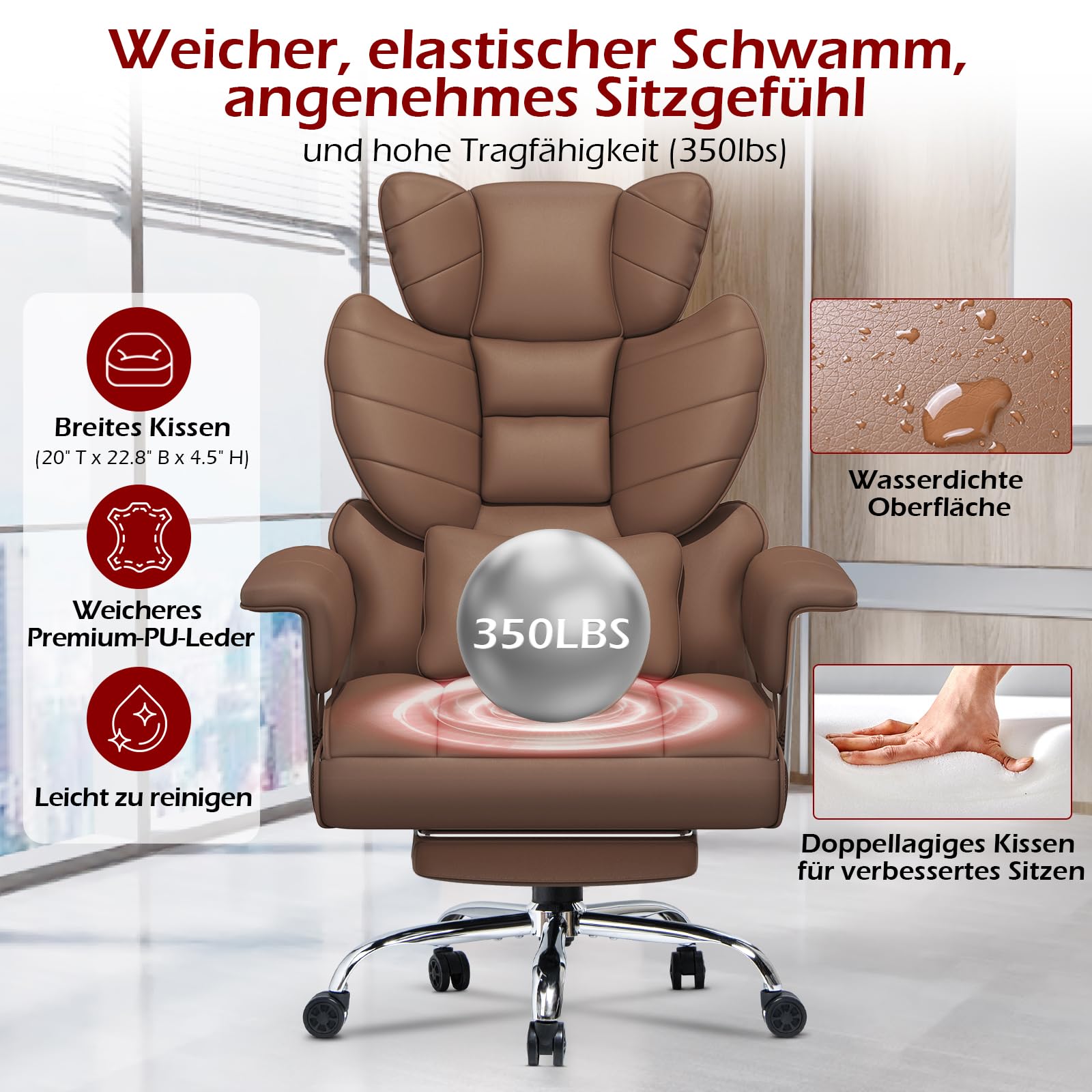naspaluro Sedia da ufficio con poggiapiedi, ergonomica da scrivania con cuscino di supporto lordosi aggiuntivo, grande sedia da ufficio capo in pelle PU con schienale alto, sedia per computer per home