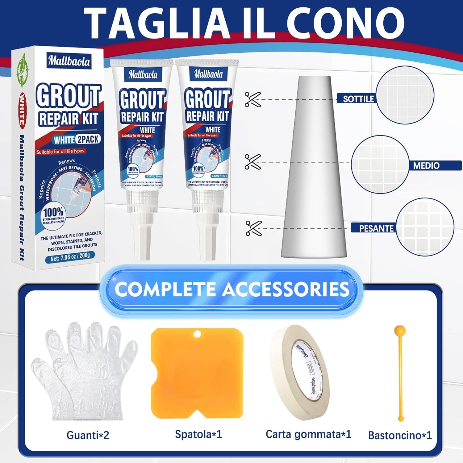Riparazione Fughe Piastrelle Bianco, 2 Pack Kit Riparazione Piastrelle, Stucco per Piastrelle per Bagno e Doccia, Pavimenti e Pareti Cucina, Ripristina e Rinnova Giunzioni, Asciugatura Rapida