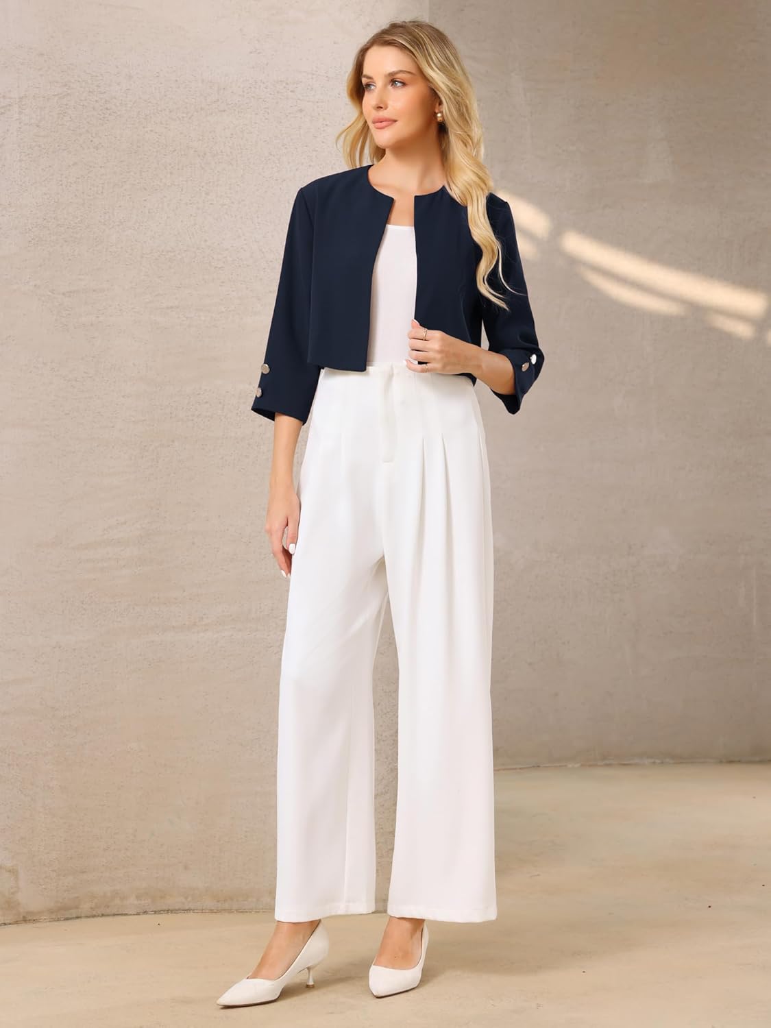 Hobemty Women's Collarless Blazers 3/4 Sleeve Dressy Casual Cropped Jacket