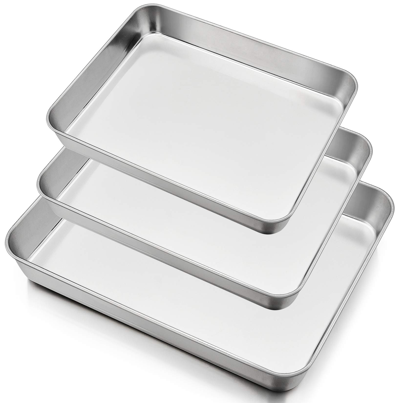 P&P CHEF Deep Baking Pan Set of 3 (12.3” & 10.4” & 9.3 Stainless Steel Baking Sheet Lasagna Rectangle Cake Pan for Oven Dishwasher Use, Non-Toxic & Heavy Duty & Easy Clean