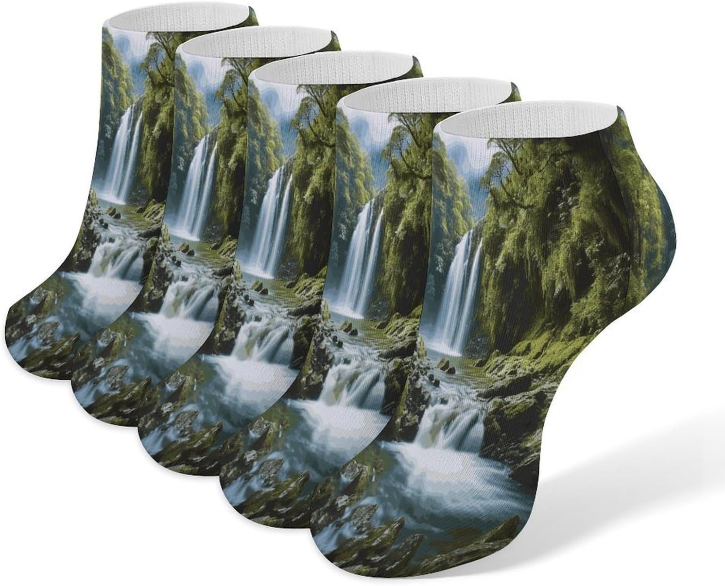 Waterfall Landscape Painting Ankle Socks for Men Women 5 Pairs | Comfortable Casual Low Cut Socks, Lightweight No Show Breathable Athletic Socks, Soft Mini Crew Socks for All Seasons
