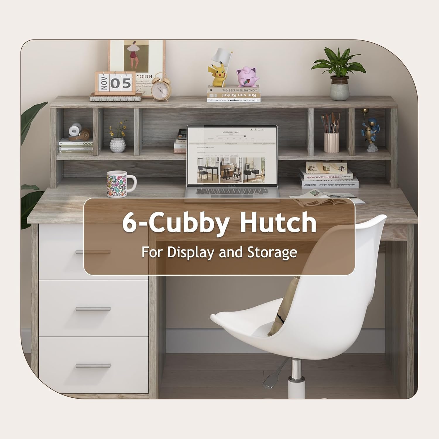 Close-up of the 6-cubby hutch on the MaverickFurni desk