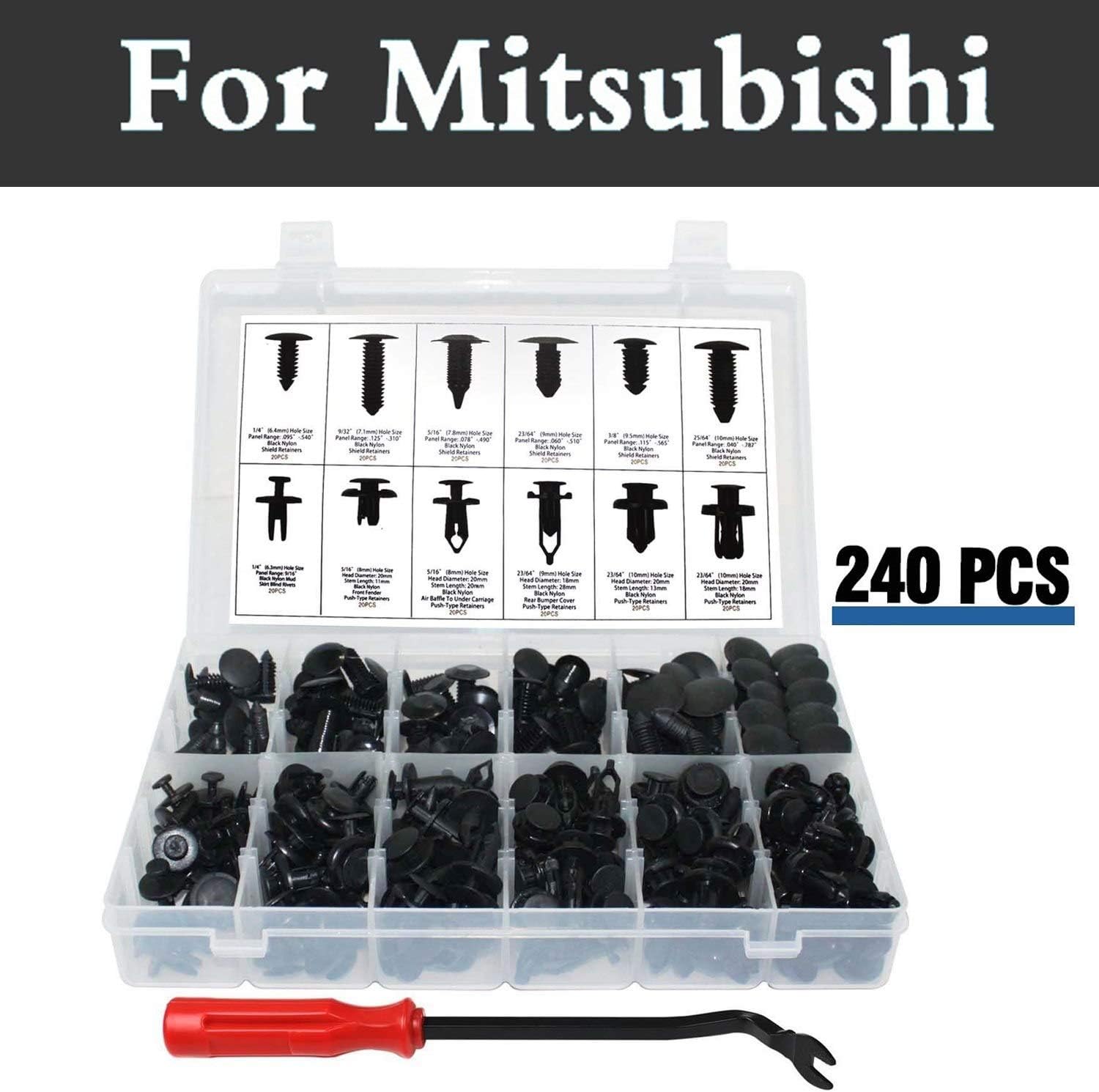 Chenghuaguo 240pcs Push Retainer Kit,Black Nylon Clips Plastic Rivet Storage Case for Mitsubishi Mirage Montero Sport Outlander Pajero Space