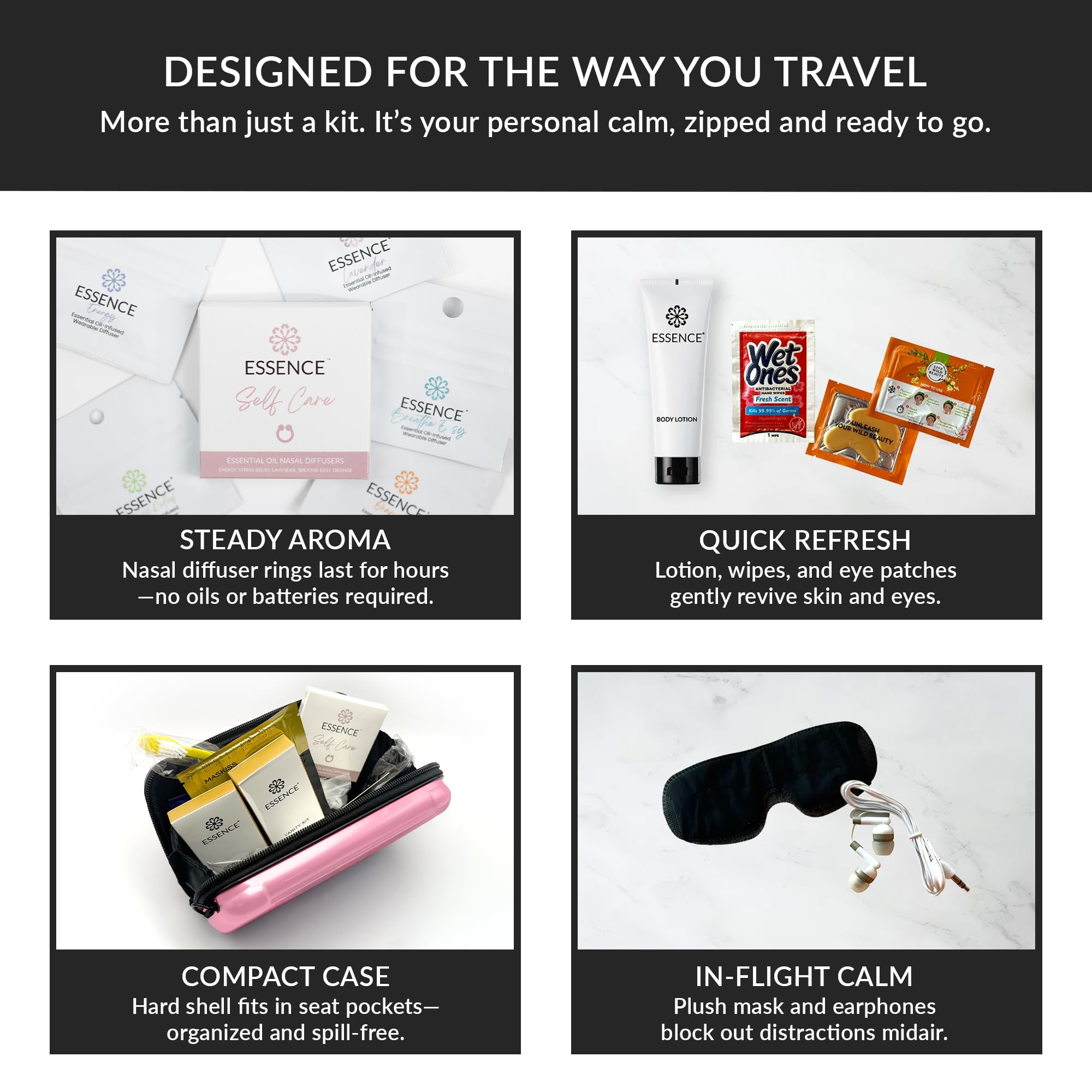 Essence Kit da viaggio | Kit essenziale da viaggio e kit di articoli da toeletta da viaggio | Confezione da 5 anelli diffusori nasali, maschera per dormire, lozione e kit igienico | Kit da toilette da